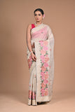 Ivory Blossom Hand-Embroidered Tussar Silk Saree