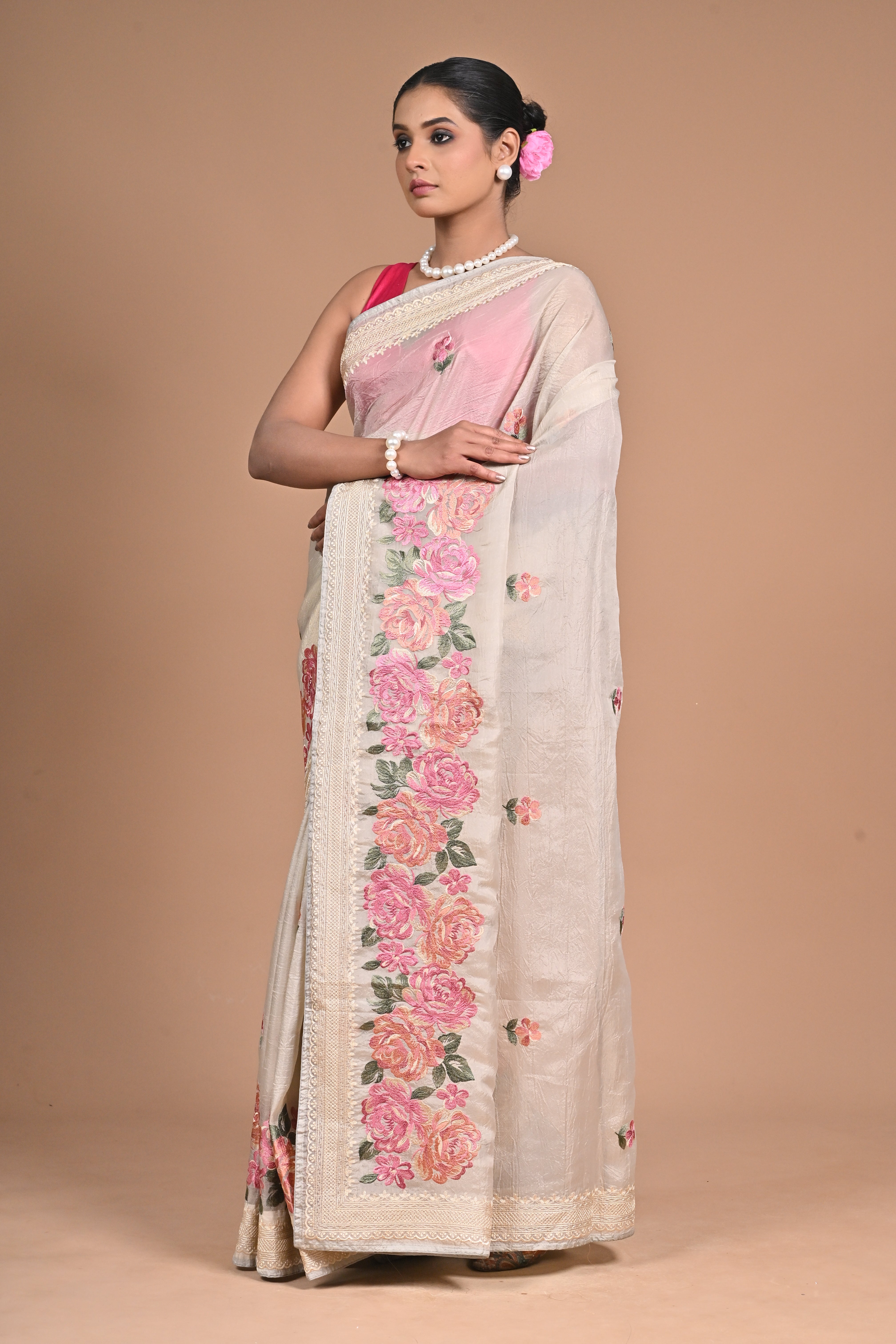 Ivory Blossom Hand-Embroidered Tussar Silk Saree