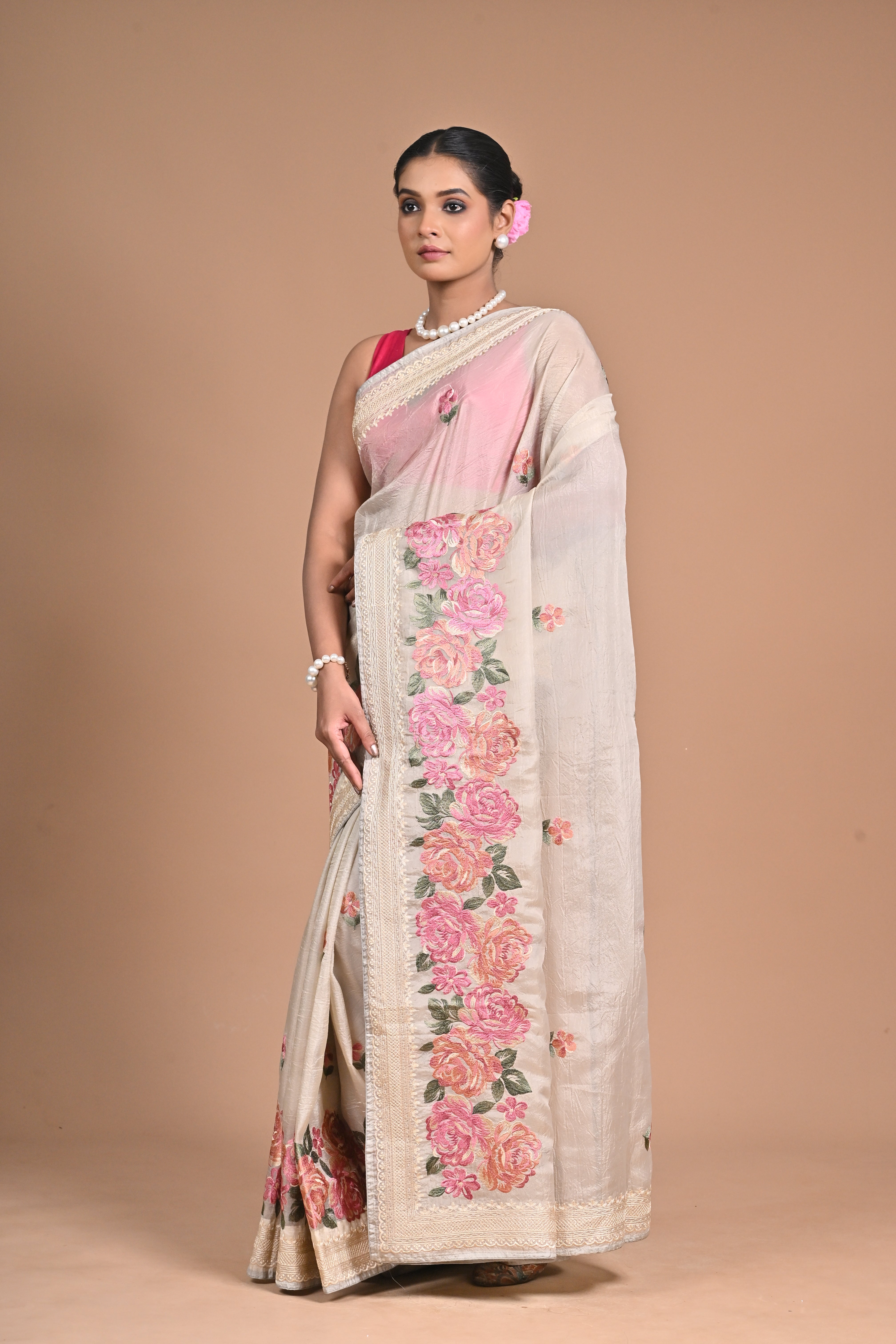 Ivory Blossom Hand-Embroidered Tussar Silk Saree