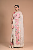 Ivory Blossom Hand-Embroidered Tussar Silk Saree