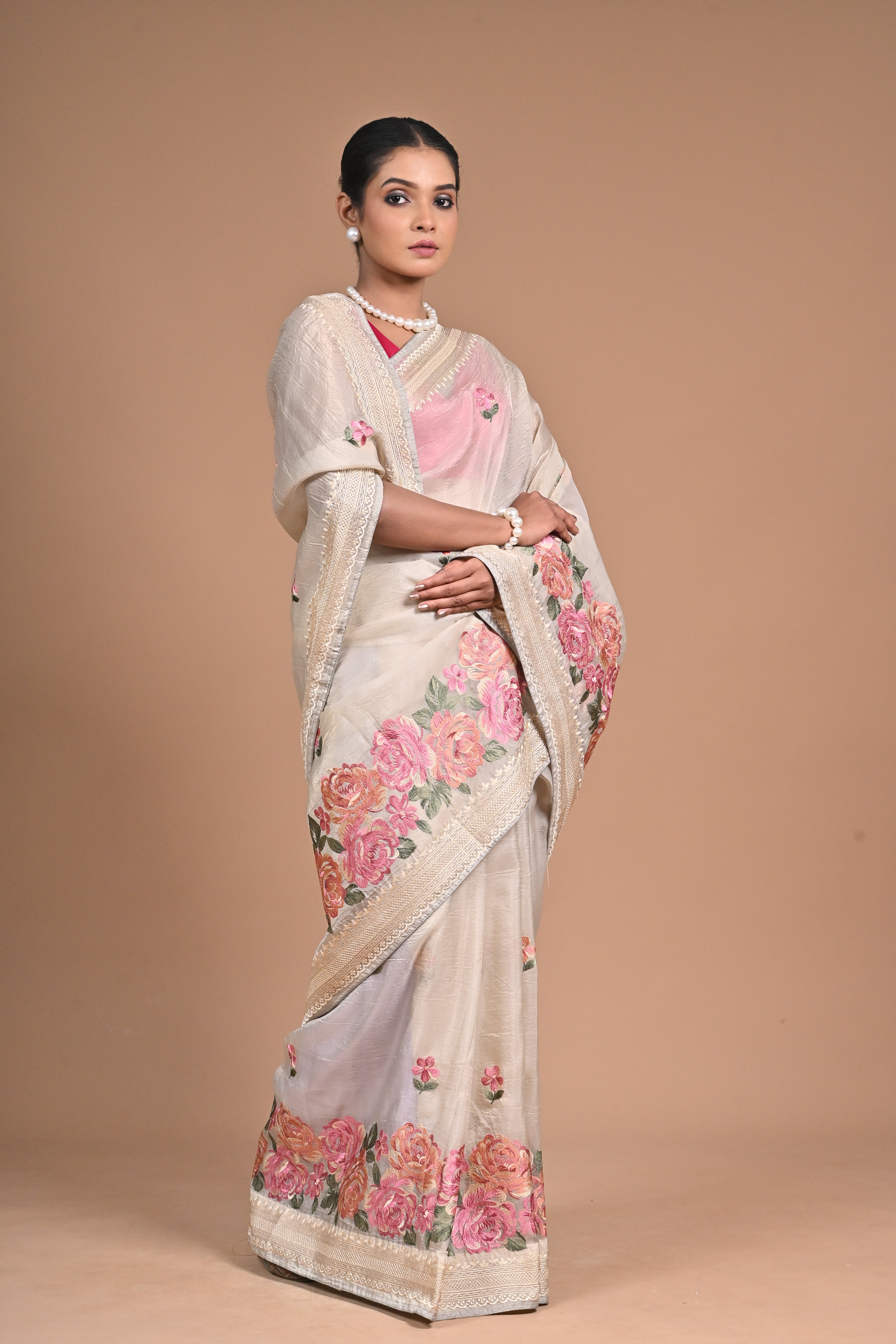 Ivory Blossom Hand-Embroidered Tussar Silk Saree