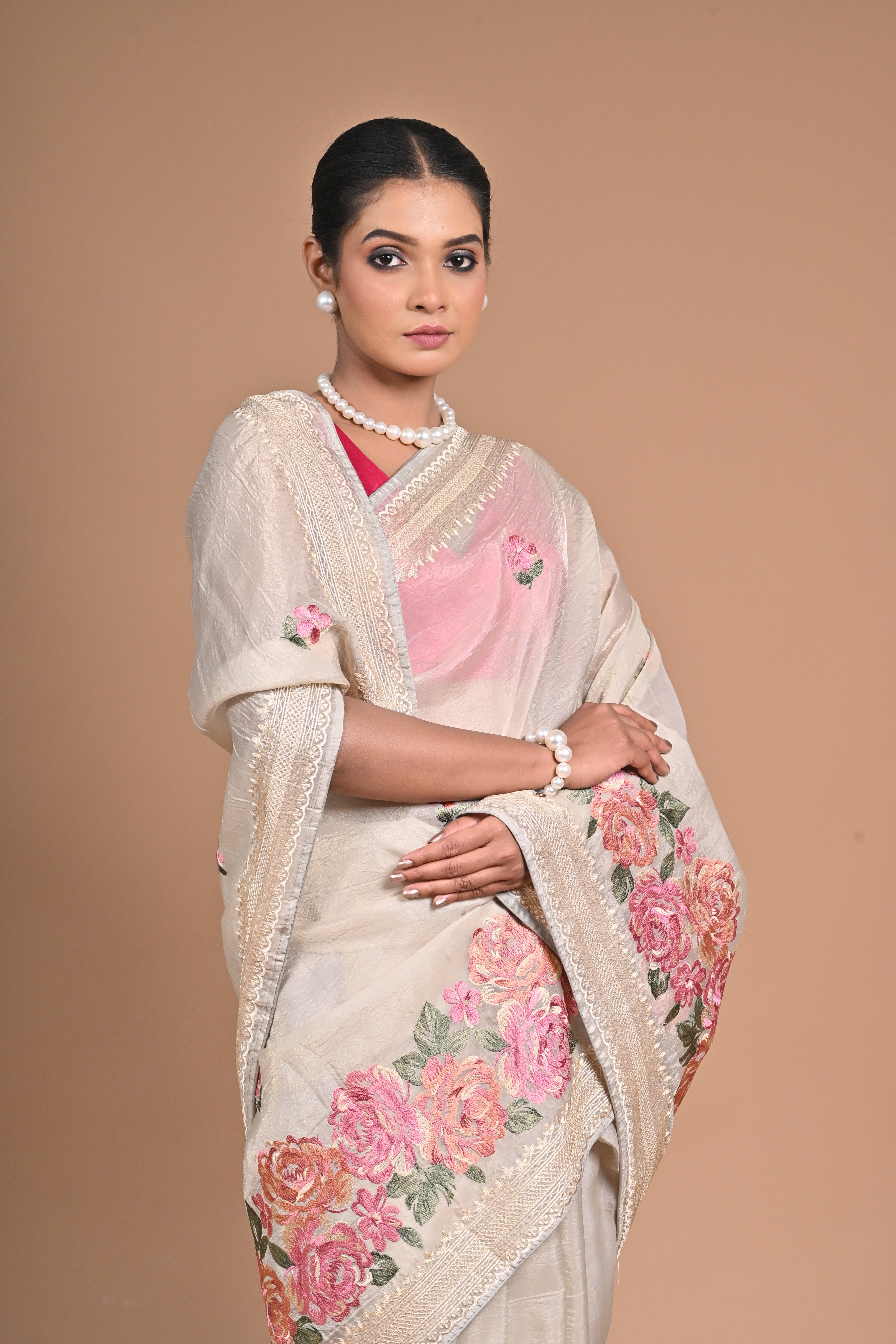 Ivory Blossom Hand-Embroidered Tussar Silk Saree