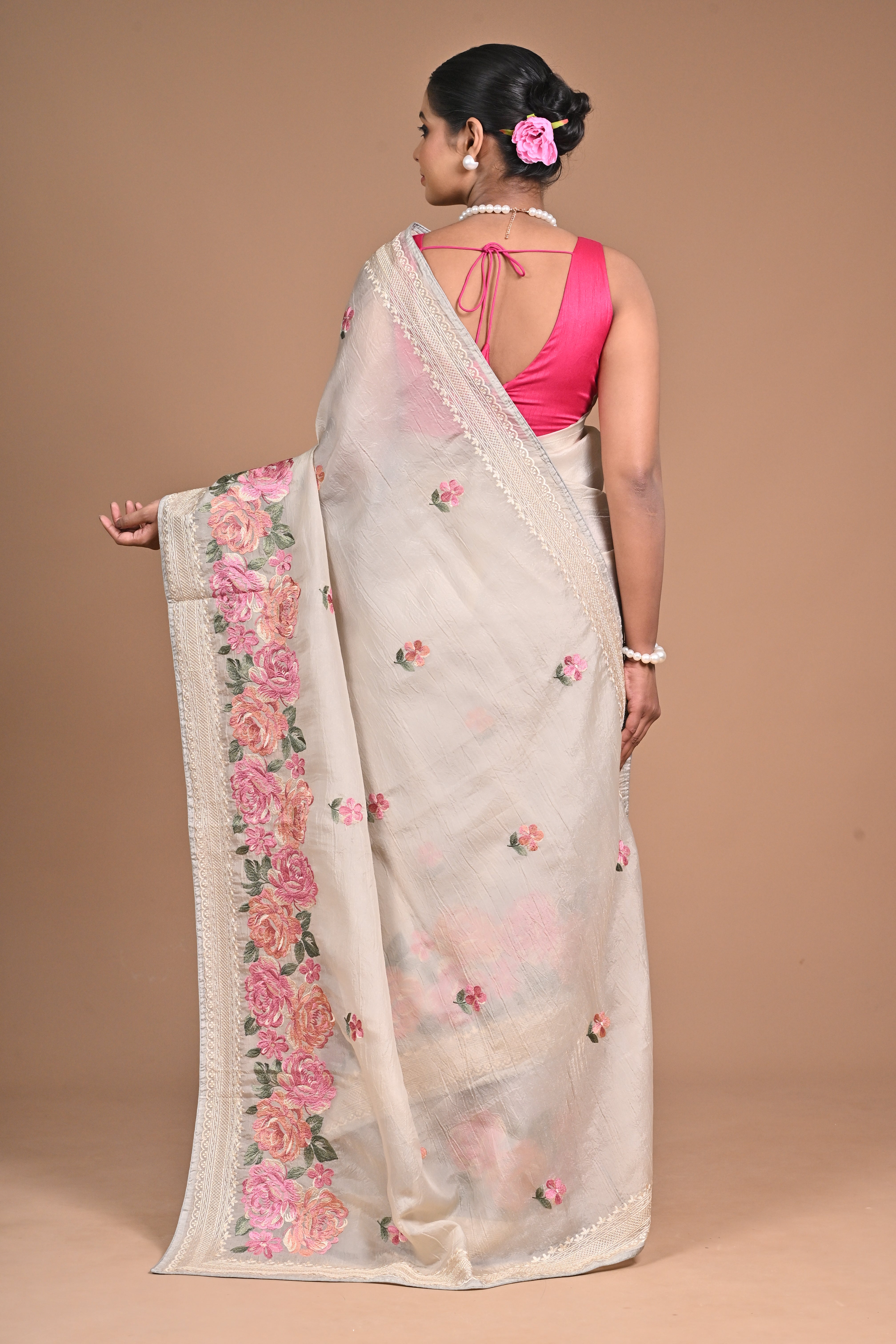 Ivory Blossom Hand-Embroidered Tussar Silk Saree