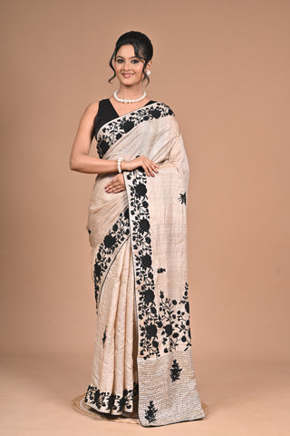 Pure Tussar Exclusive  Premium Kantha Stitch Saree