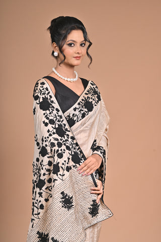 Pure Tussar Exclusive  Premium Kantha Stitch Saree