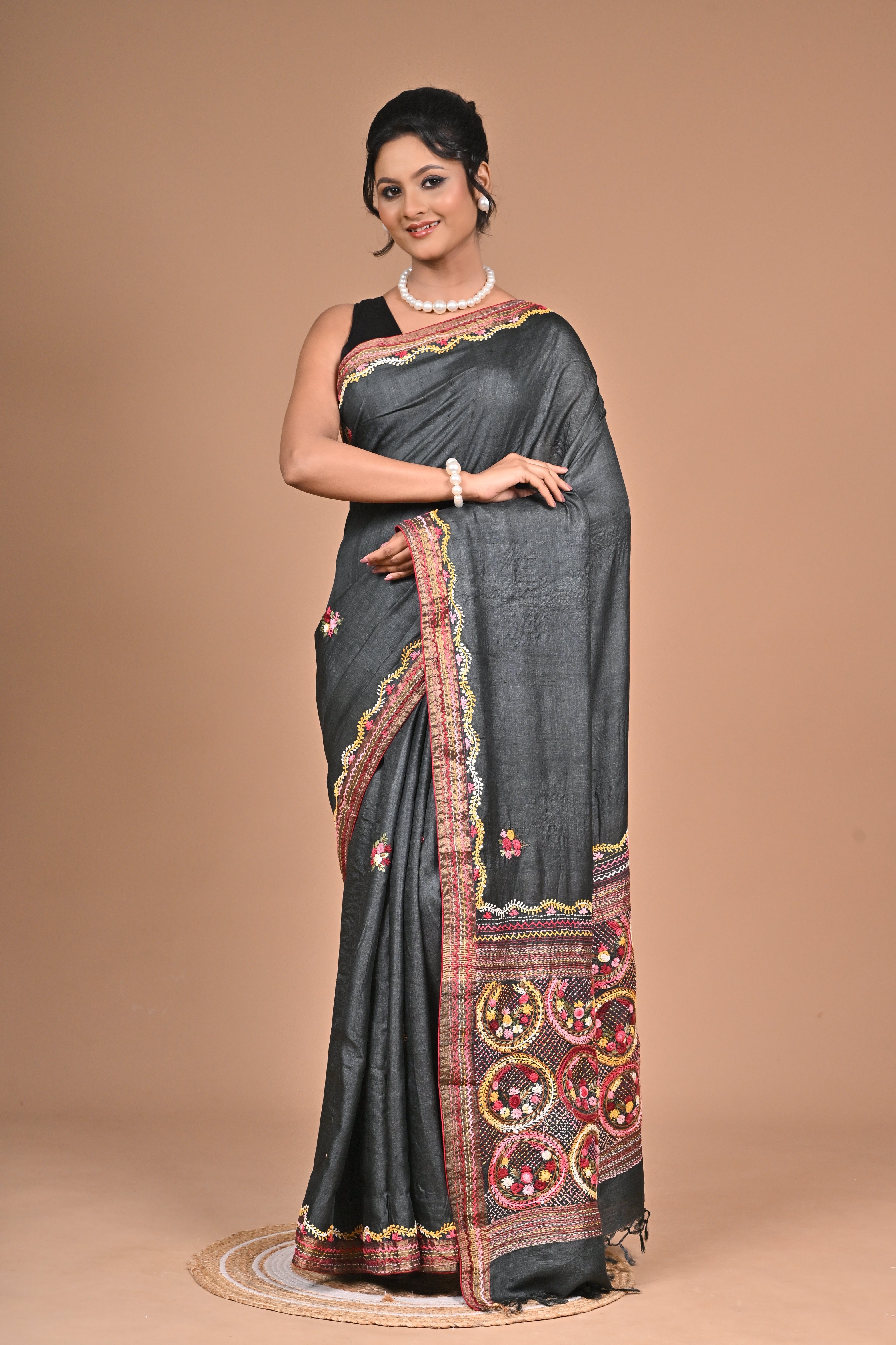 Tusser with Kantha and French Knot embroidery