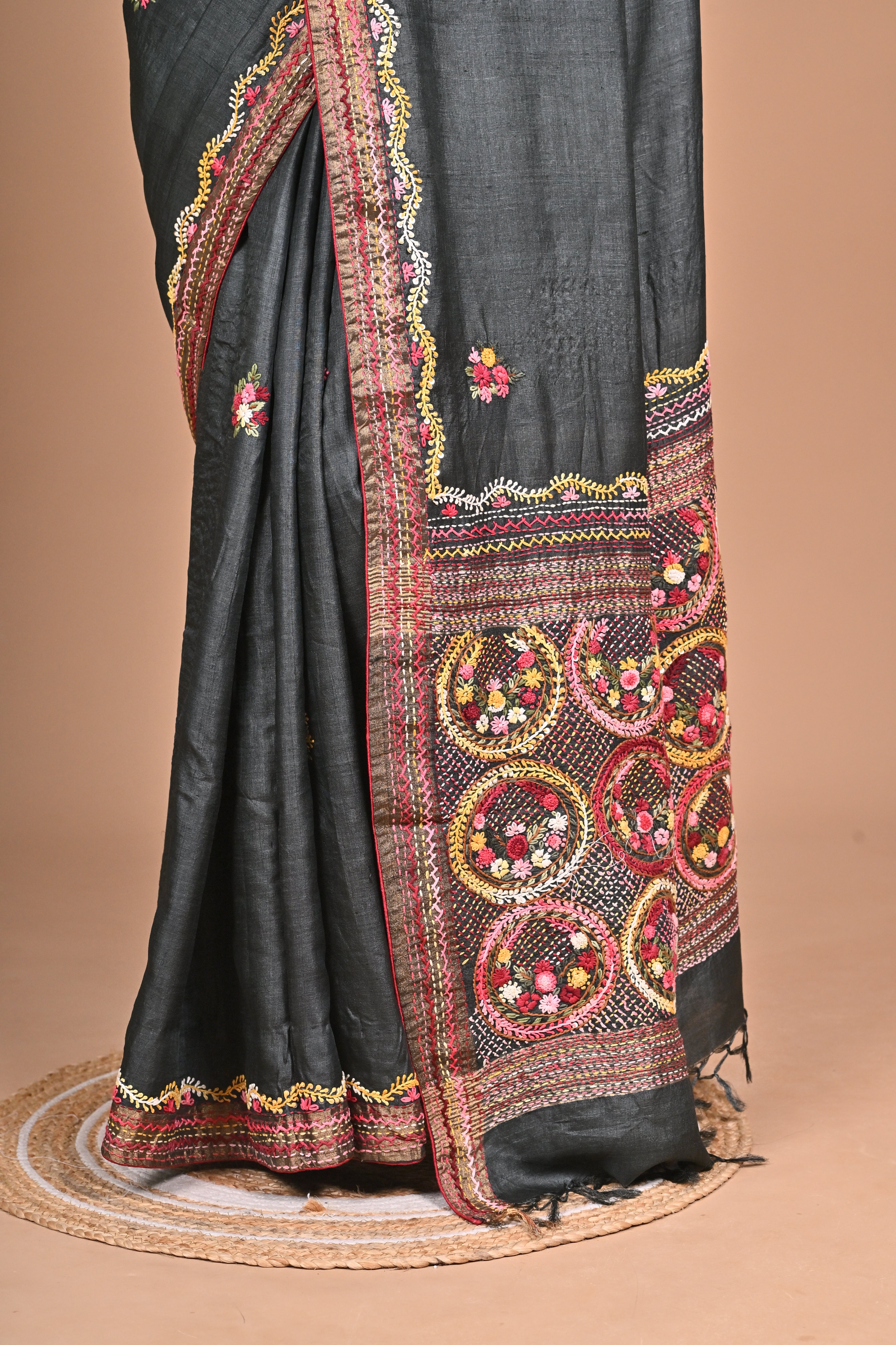 Tusser with Kantha and French Knot embroidery