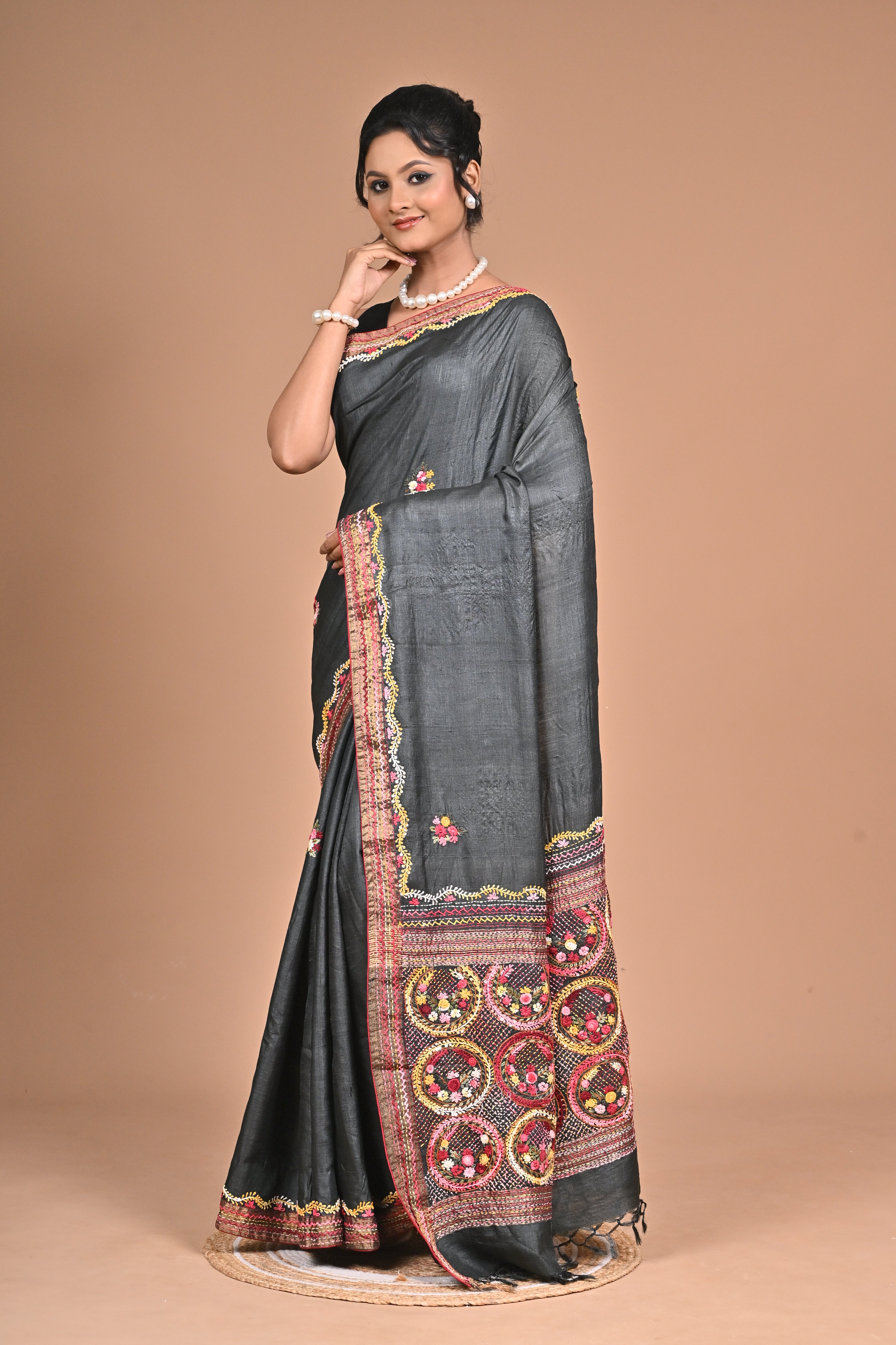 Tusser with Kantha and French Knot embroidery