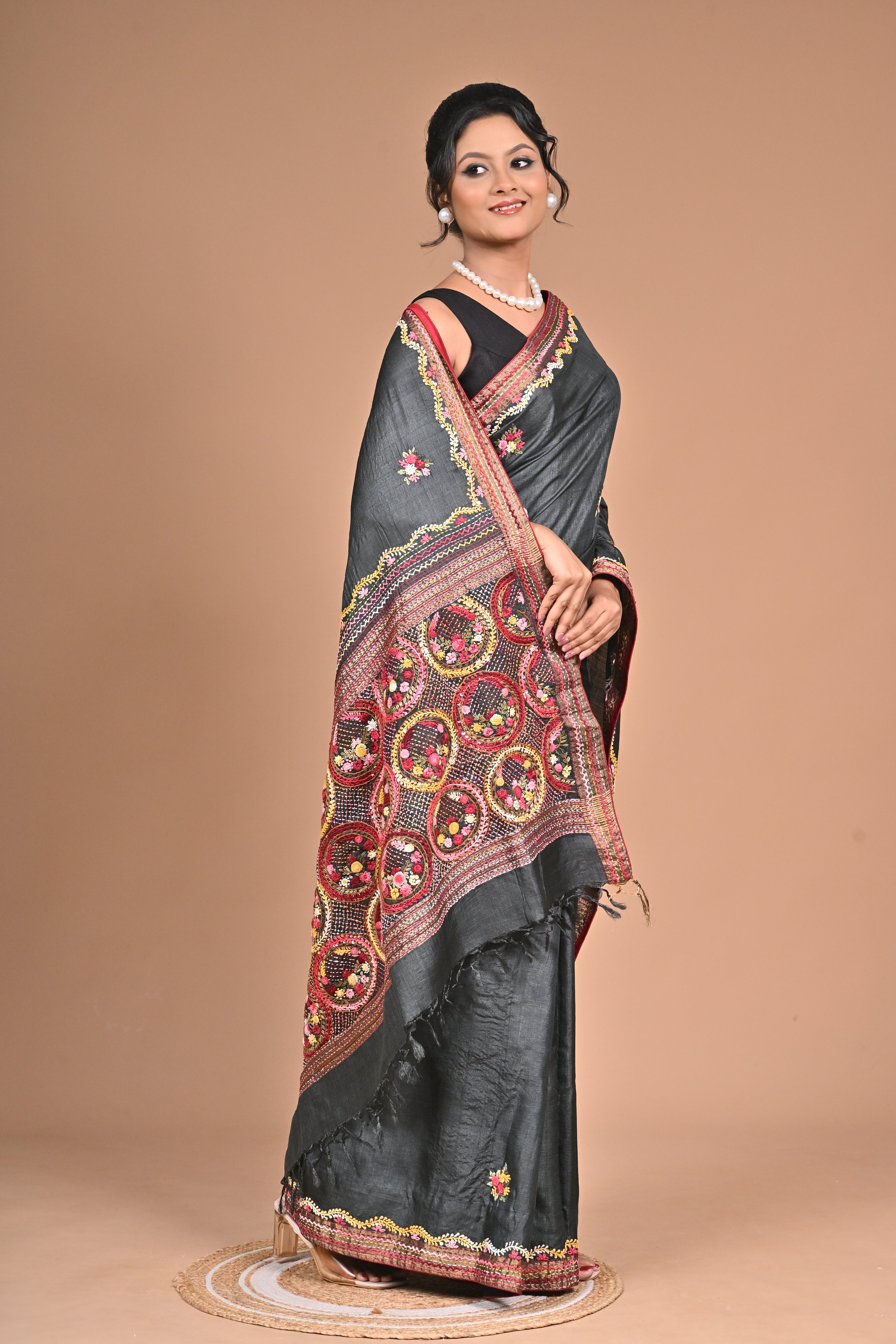 Tusser with Kantha and French Knot embroidery