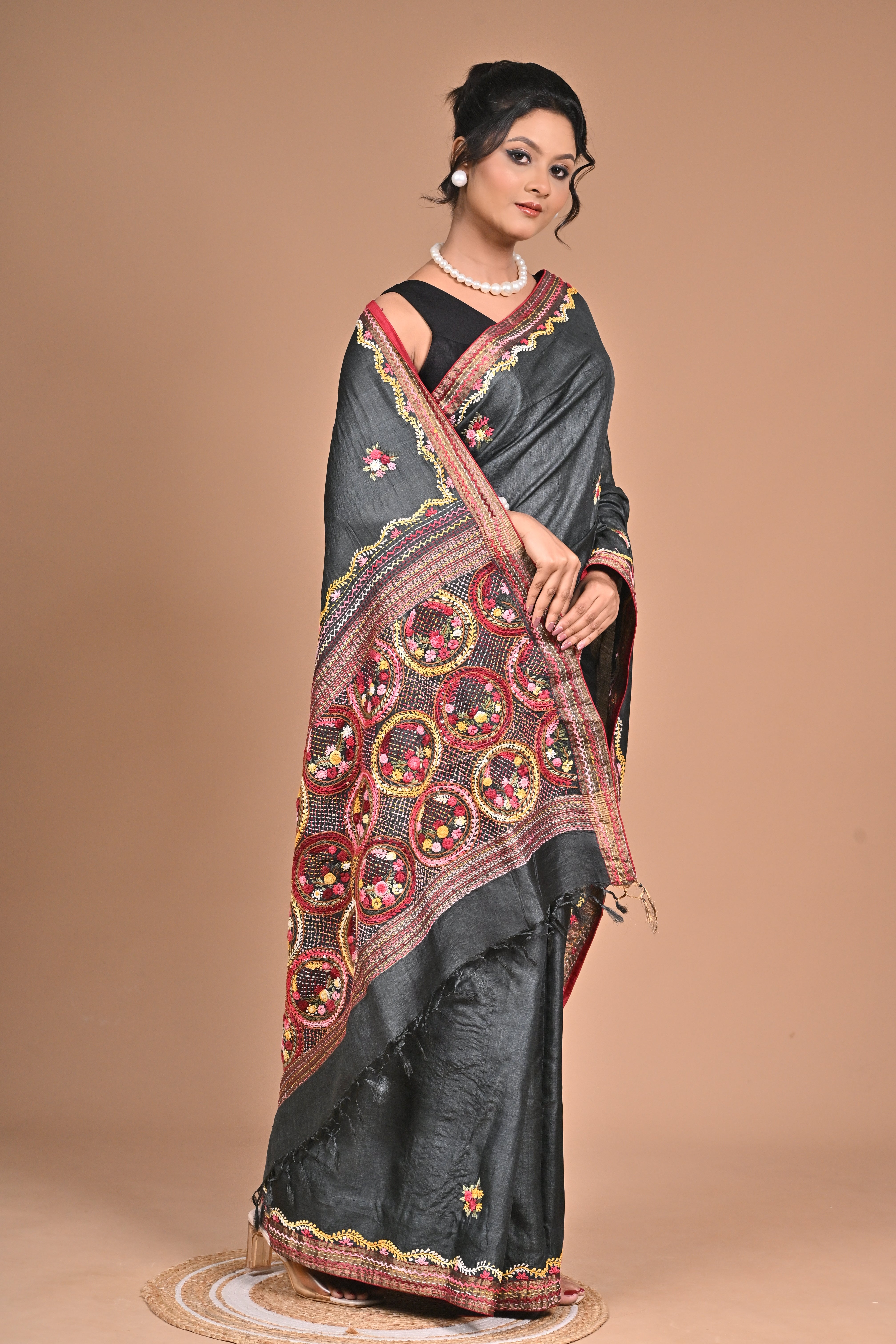 Tusser with Kantha and French Knot embroidery