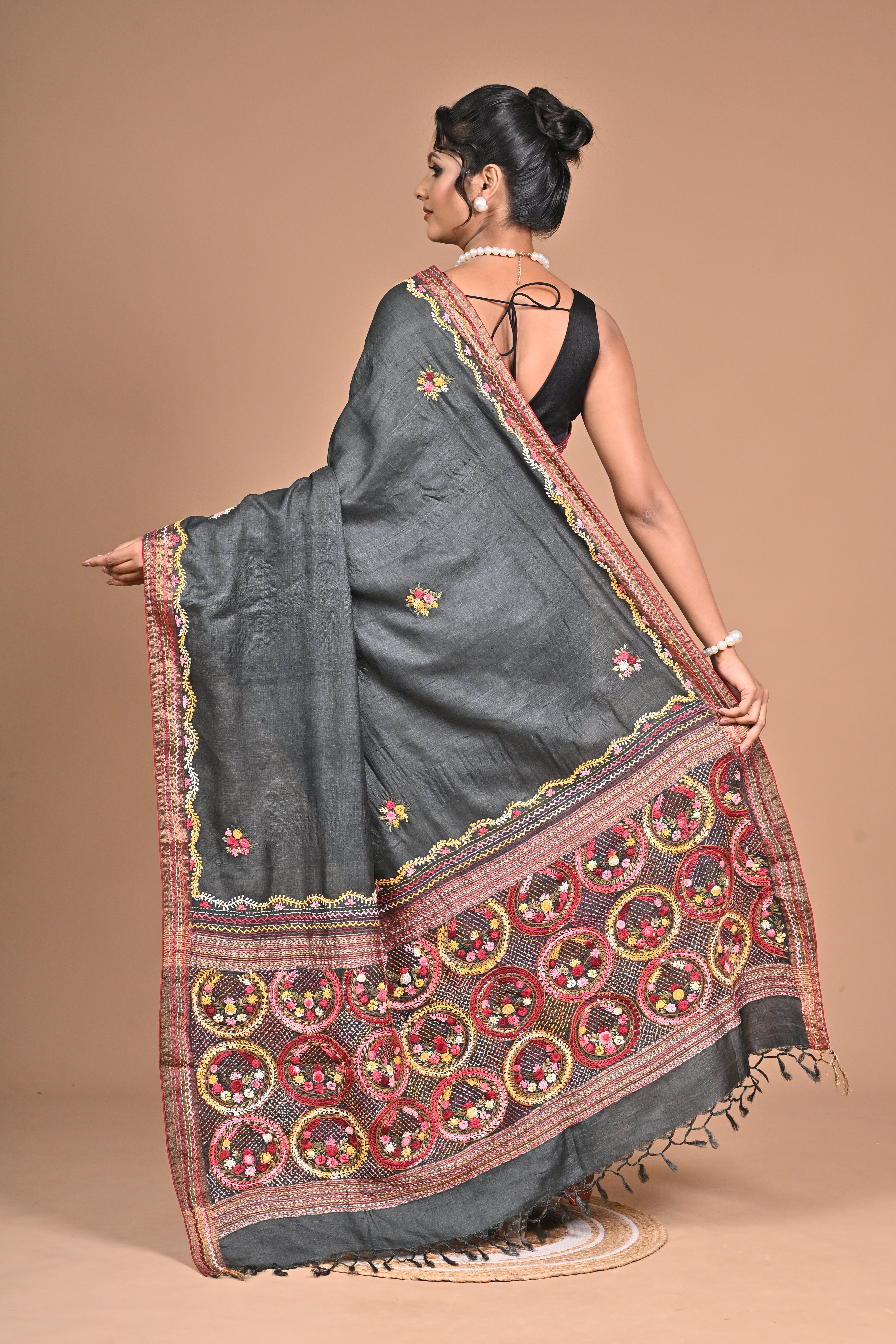 Tusser with Kantha and French Knot embroidery