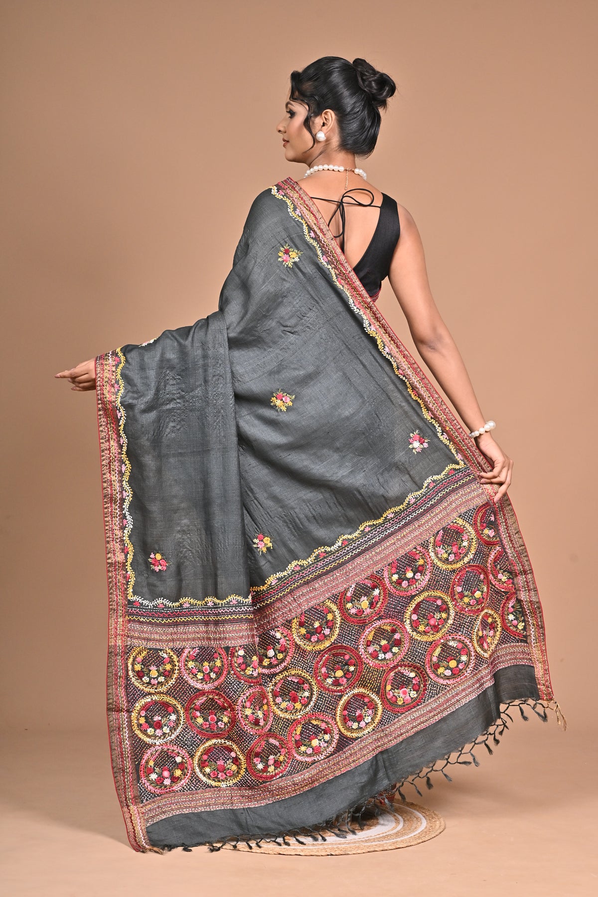 Tusser with Kantha and French Knot embroidery