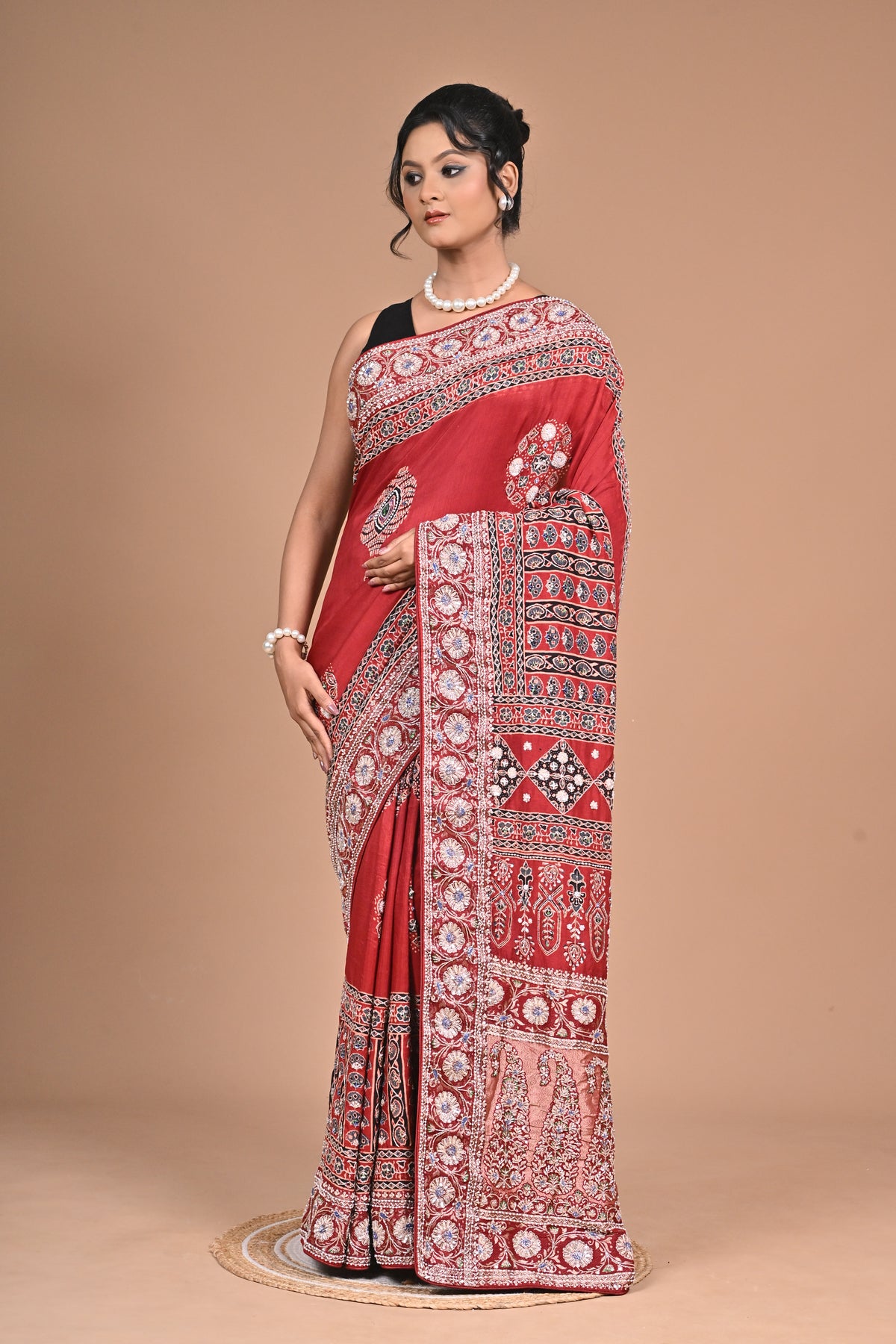 Royal Red Ajrakh Gajji Silk Saree – Hand Embroidered Heritage