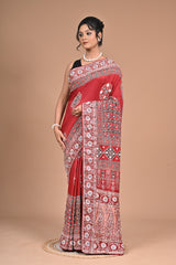 Royal Red Ajrakh Gajji Silk Saree – Hand Embroidered Heritage