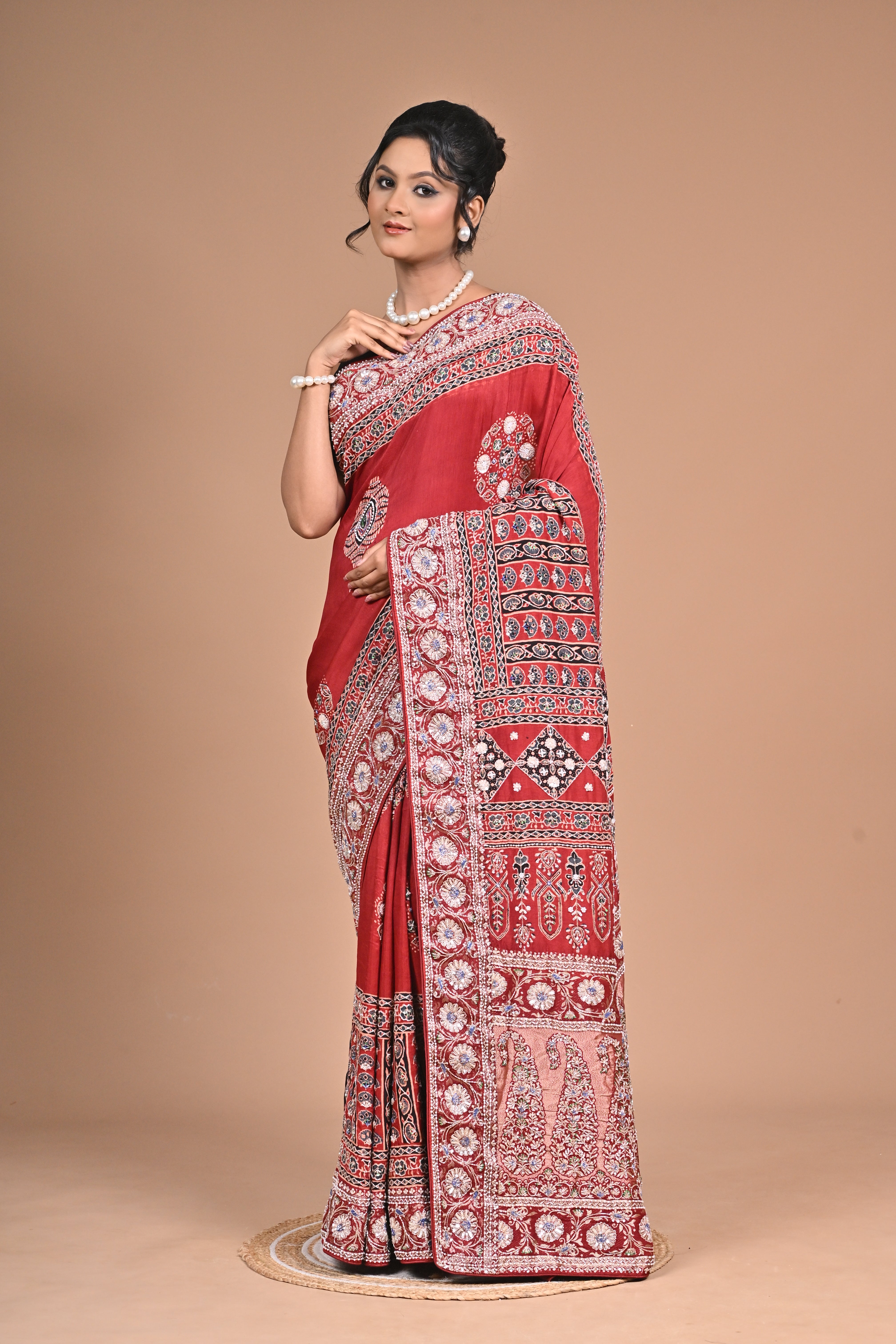 Royal Red Ajrakh Gajji Silk Saree – Hand Embroidered Heritage