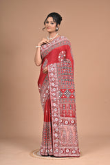Royal Red Ajrakh Gajji Silk Saree – Hand Embroidered Heritage
