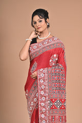 Royal Red Ajrakh Gajji Silk Saree – Hand Embroidered Heritage