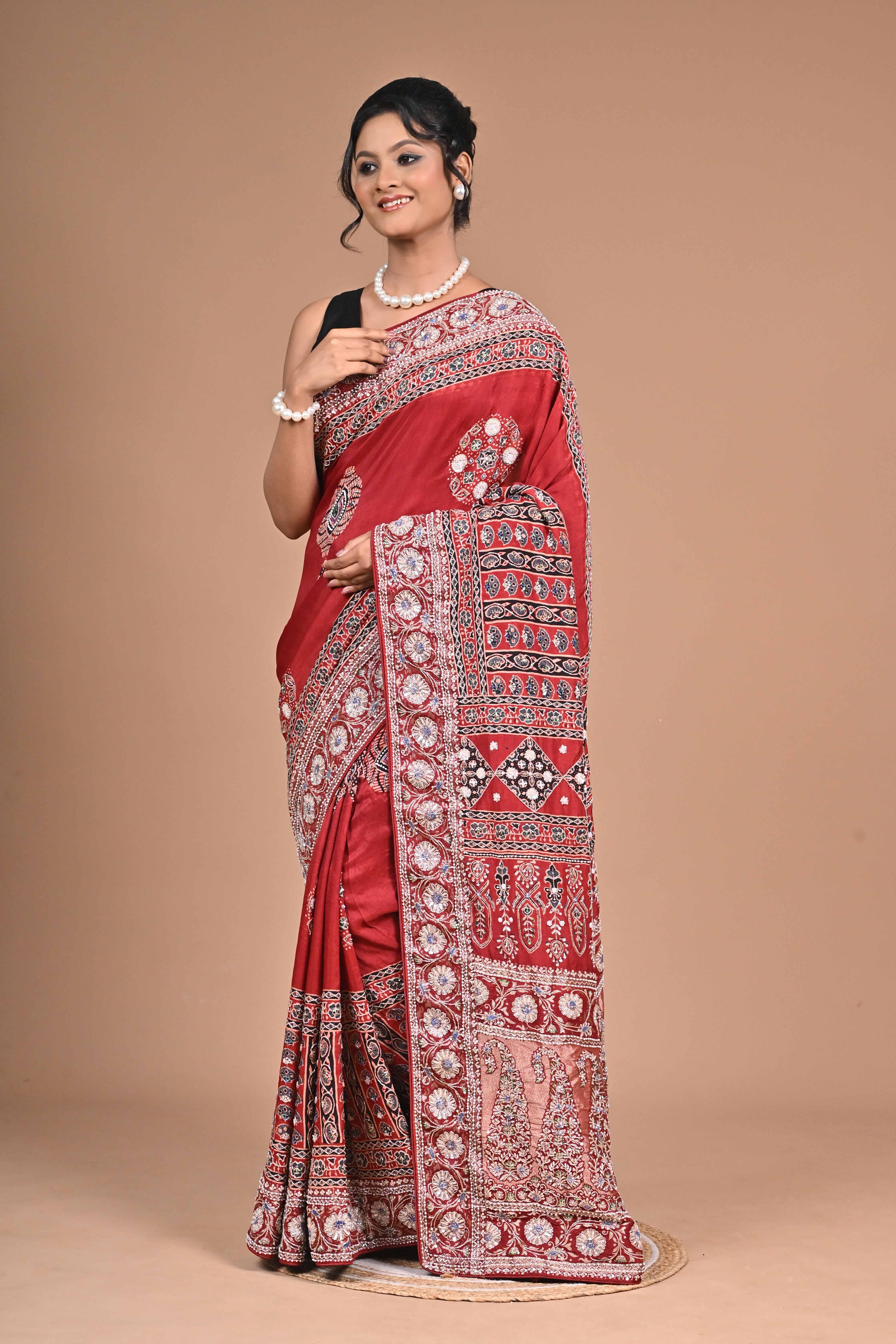 Royal Red Ajrakh Gajji Silk Saree – Hand Embroidered Heritage