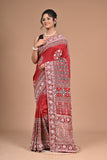 Royal Red Ajrakh Gajji Silk Saree – Hand Embroidered Heritage
