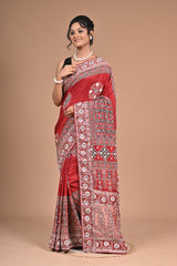Royal Red Ajrakh Gajji Silk Saree – Hand Embroidered Heritage