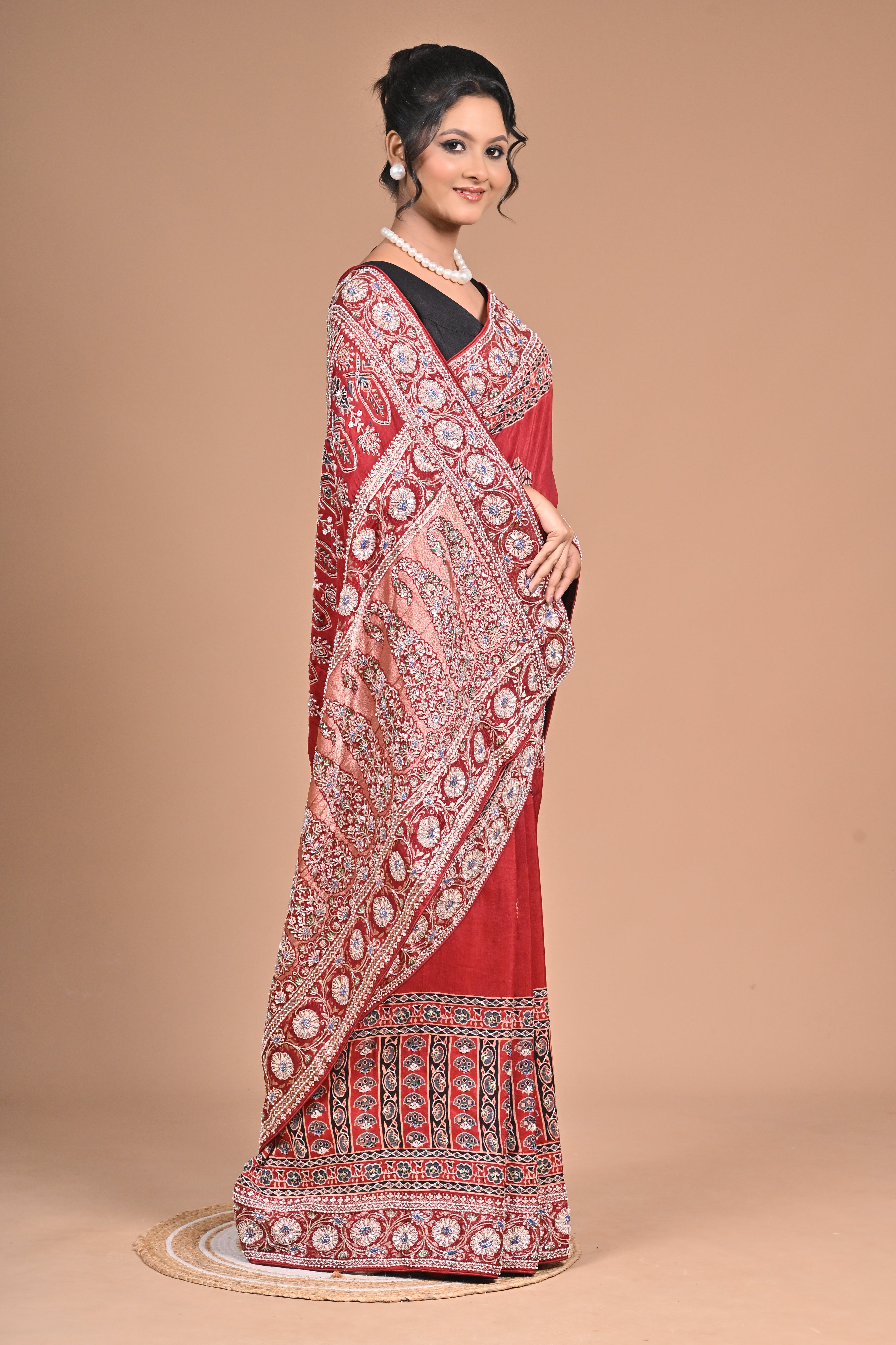 Royal Red Ajrakh Gajji Silk Saree – Hand Embroidered Heritage