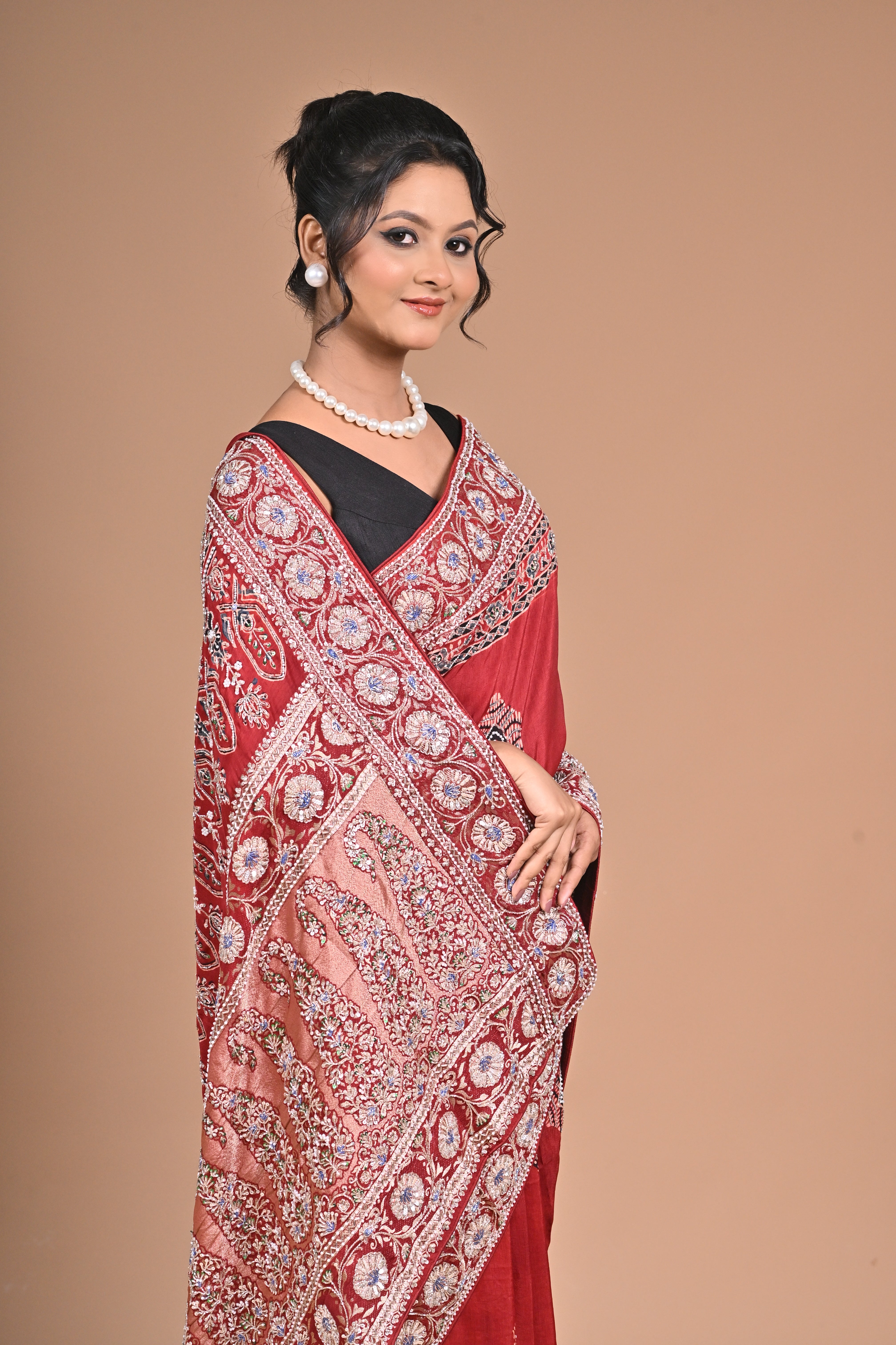 Royal Red Ajrakh Gajji Silk Saree – Hand Embroidered Heritage