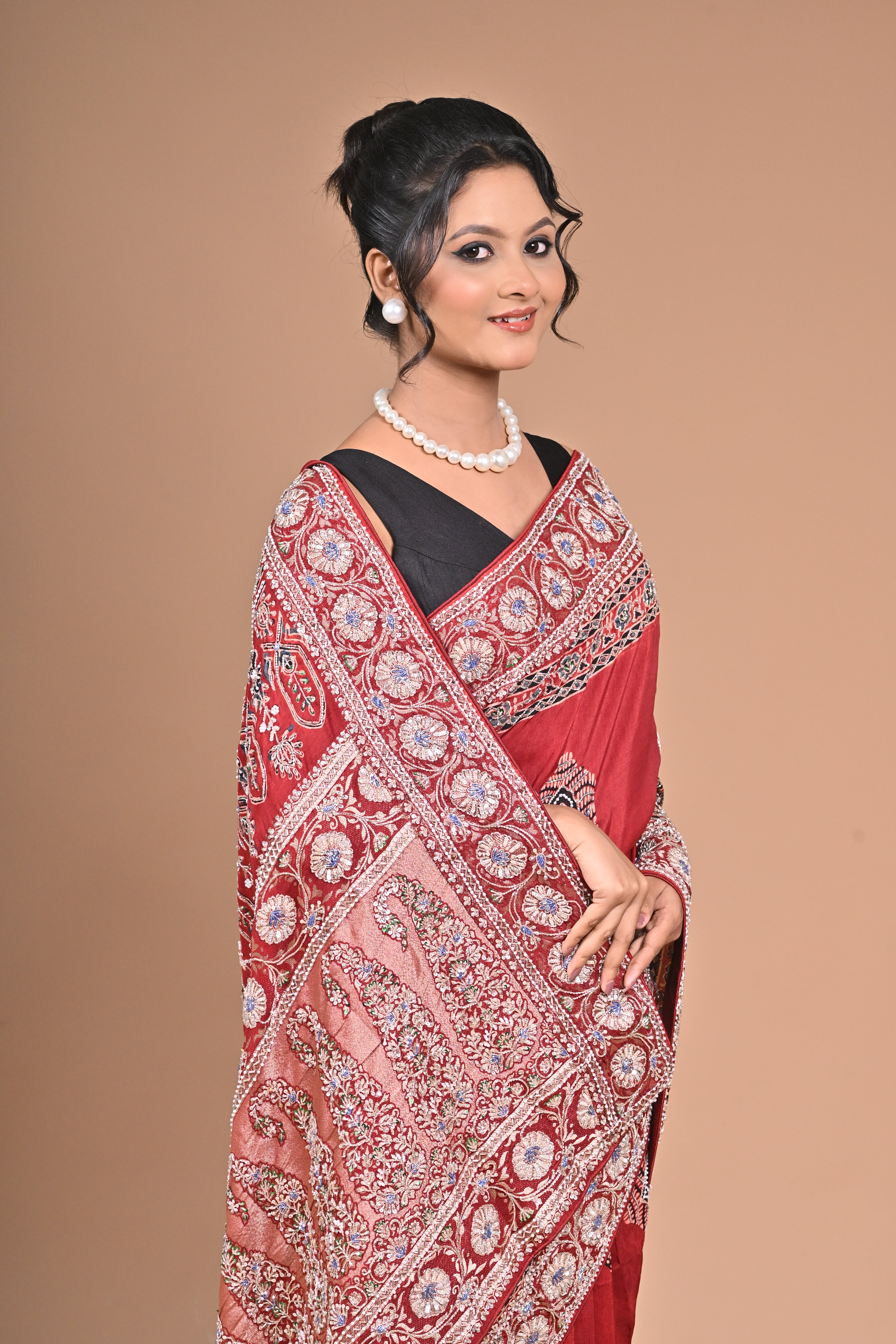 Royal Red Ajrakh Gajji Silk Saree – Hand Embroidered Heritage