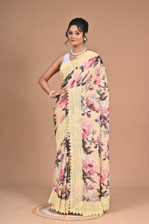 Royal Bloom – Purple Printed Saree with Embroidered Lace Border