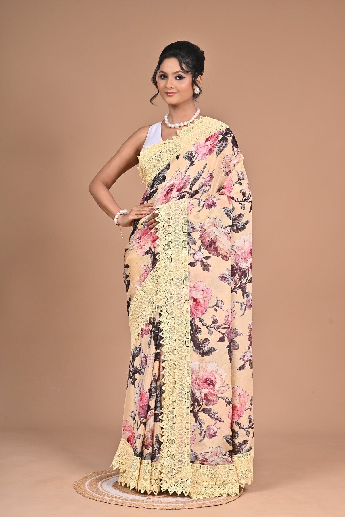 Royal Bloom – Purple Printed Saree with Embroidered Lace Border