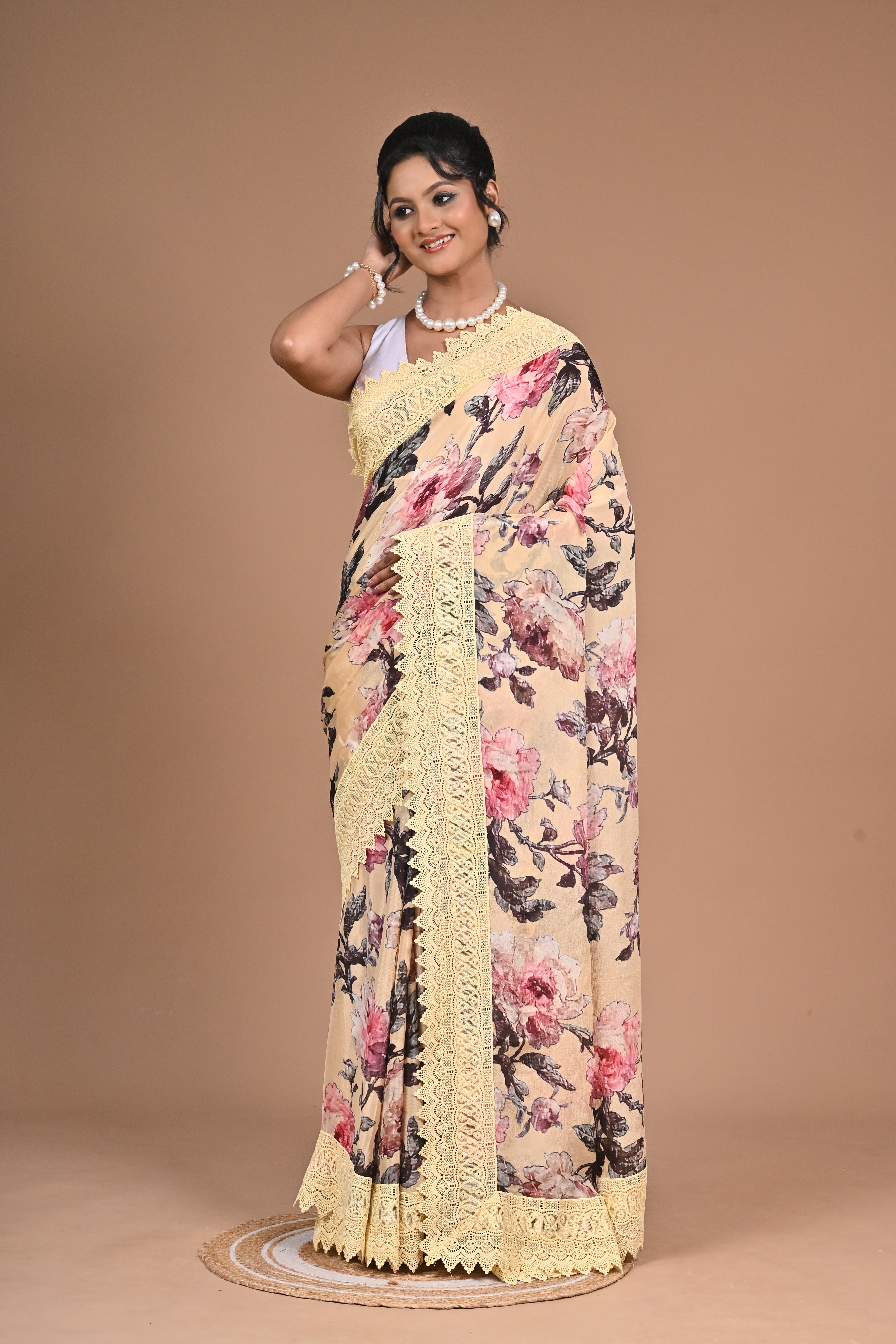 Royal Bloom – Purple Printed Saree with Embroidered Lace Border