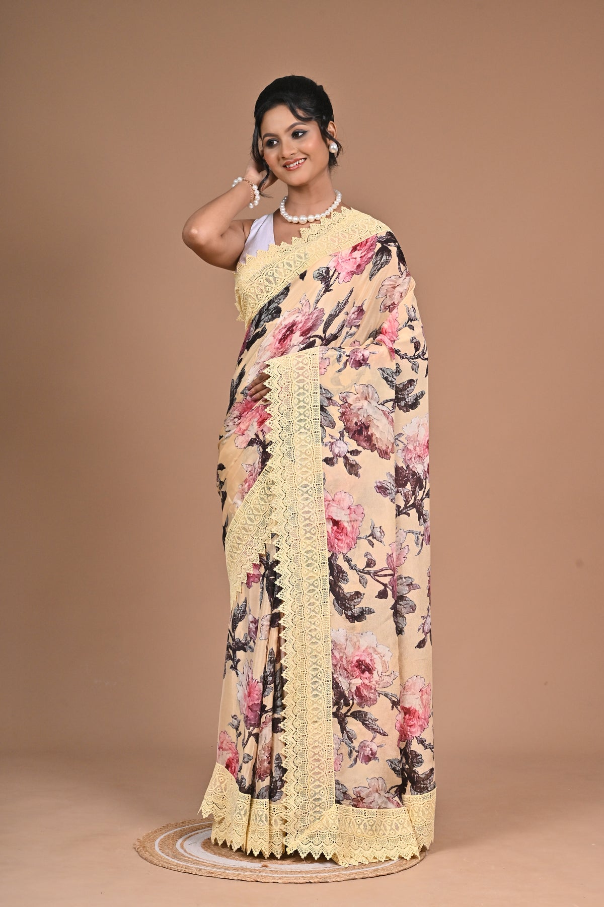 Royal Bloom – Purple Printed Saree with Embroidered Lace Border