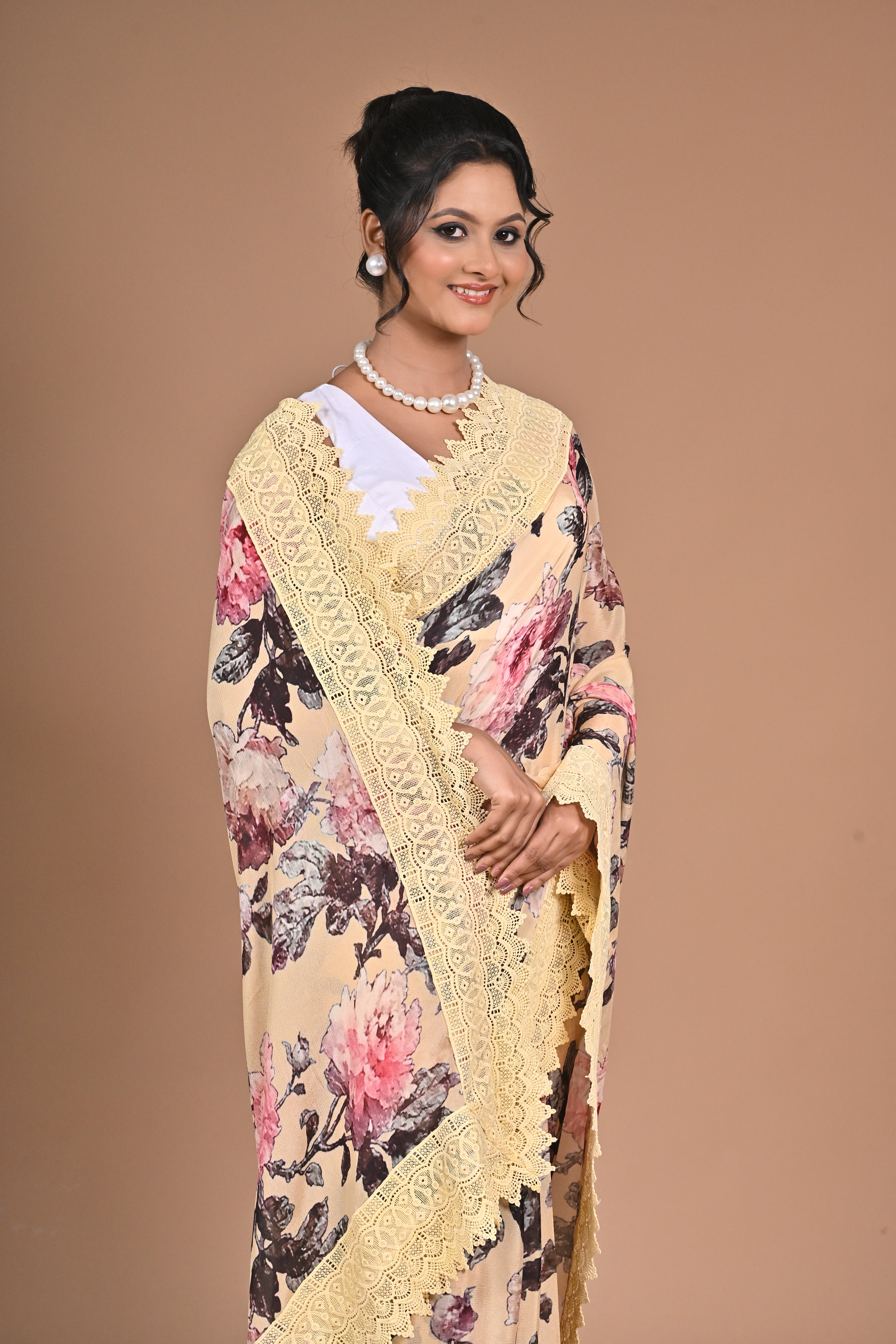 Royal Bloom – Purple Printed Saree with Embroidered Lace Border