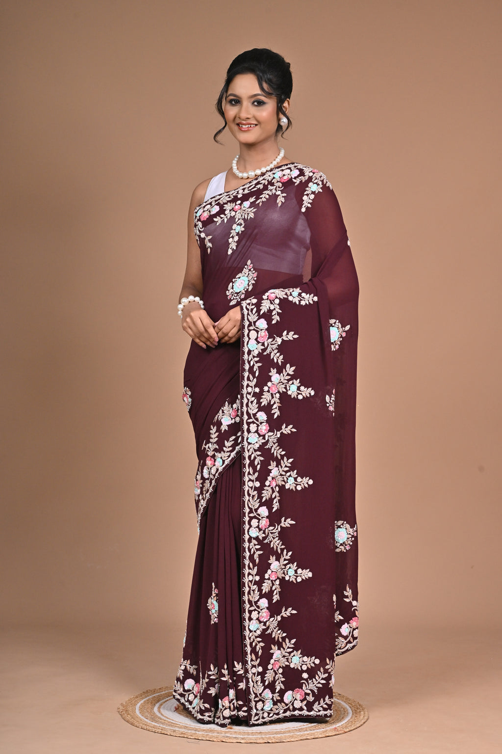 Royal Charm – Georgette Saree with Exquisite Hand Embroidery & Heavy Blouse