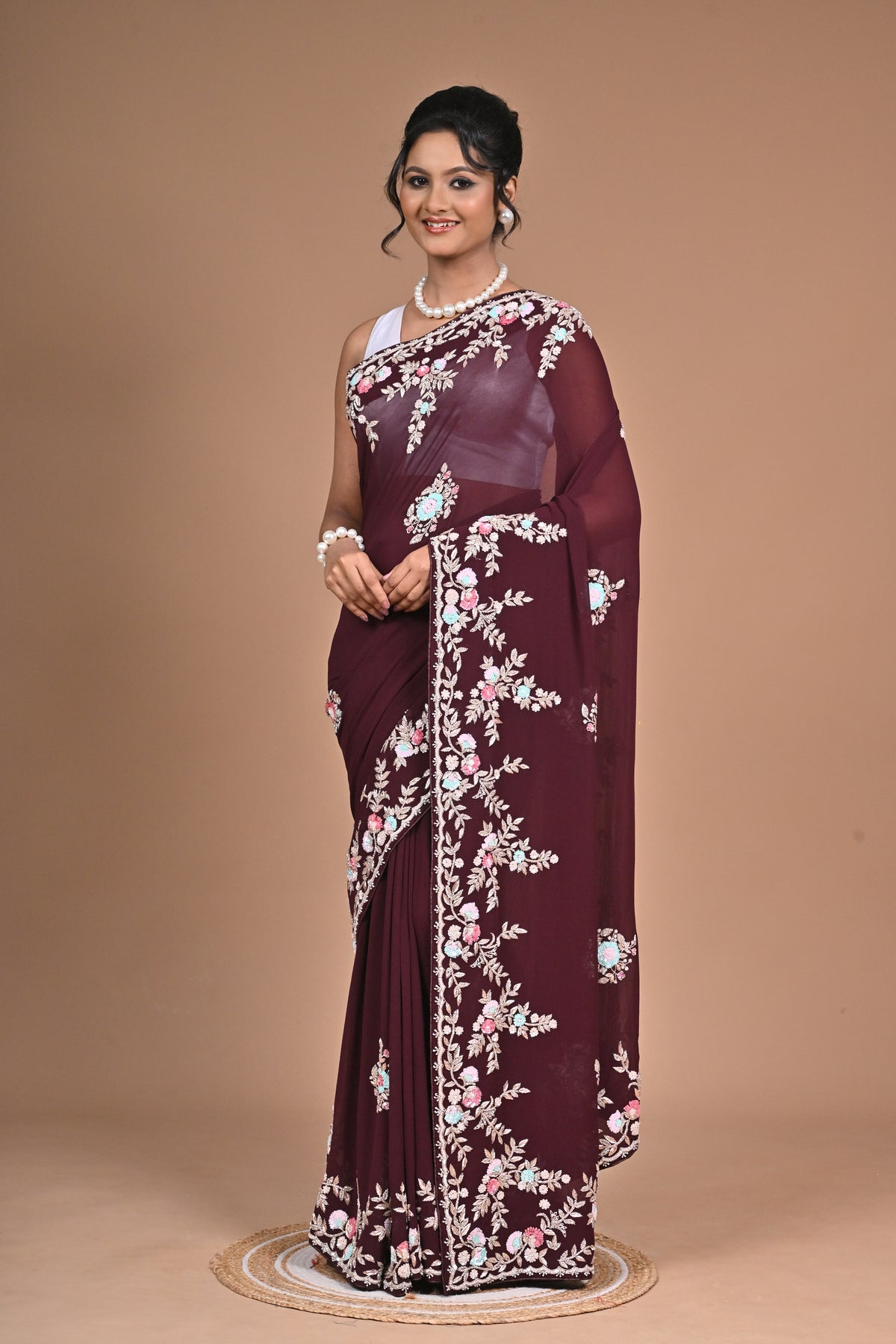 Royal Charm – Georgette Saree with Exquisite Hand Embroidery & Heavy Blouse