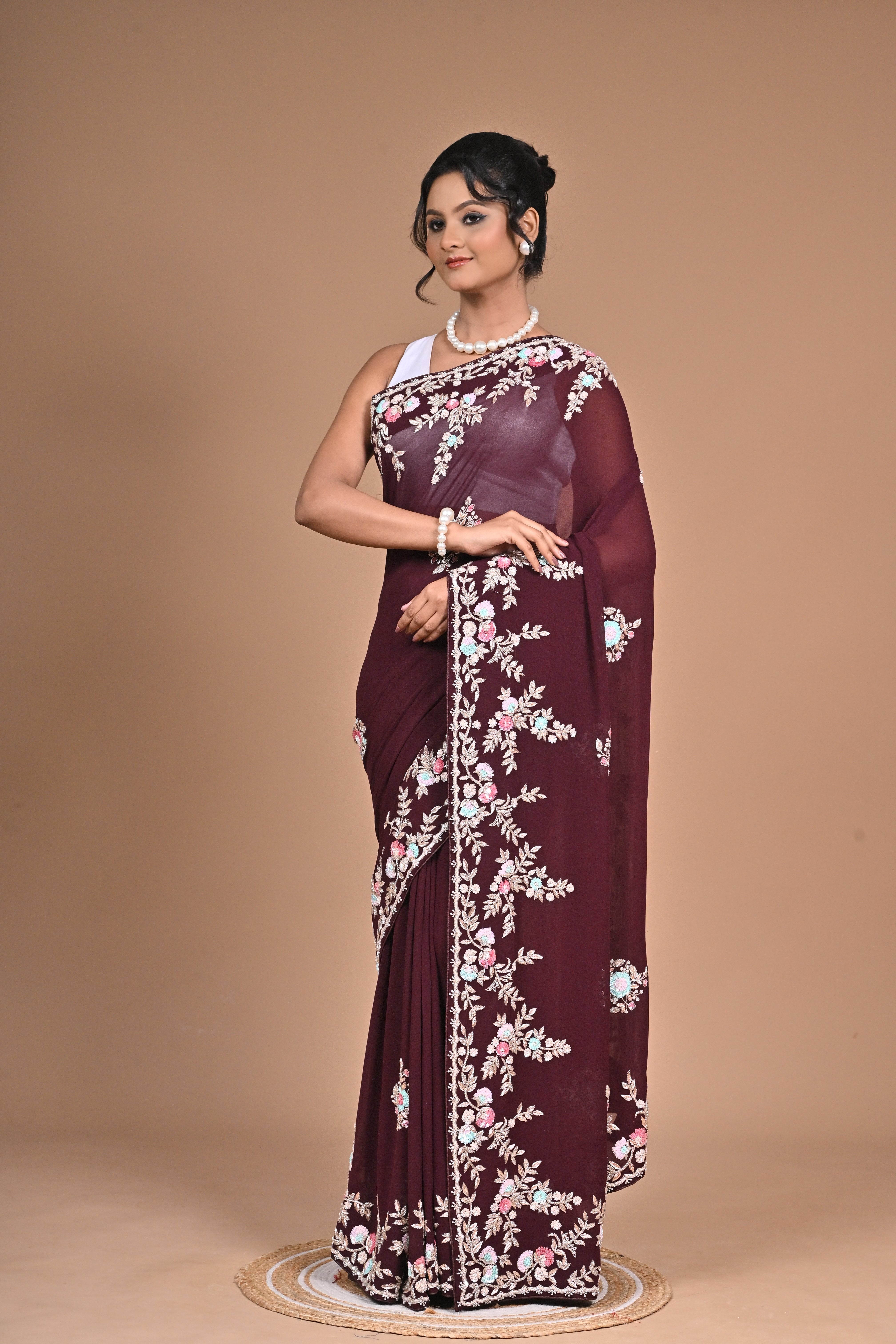 Royal Charm – Georgette Saree with Exquisite Hand Embroidery & Heavy Blouse