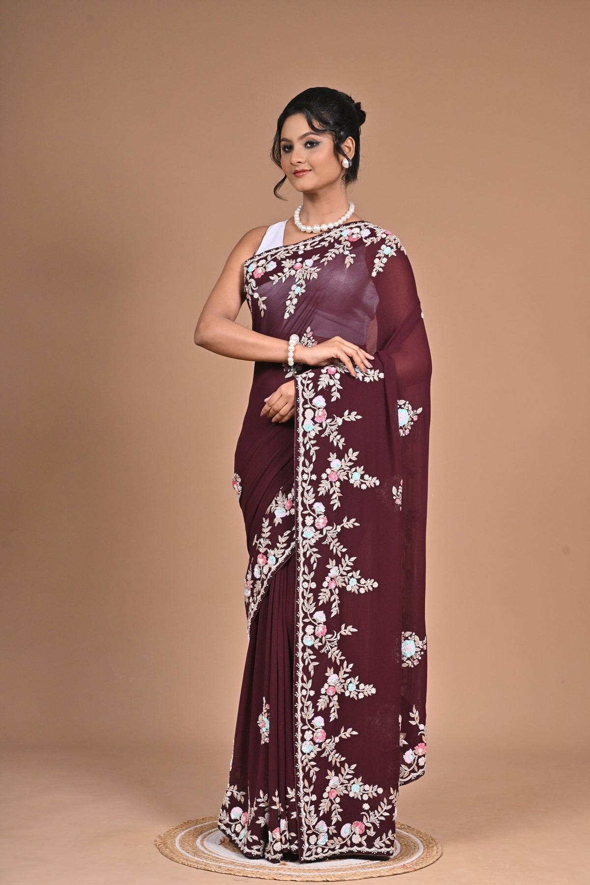 Royal Charm – Georgette Saree with Exquisite Hand Embroidery & Heavy Blouse