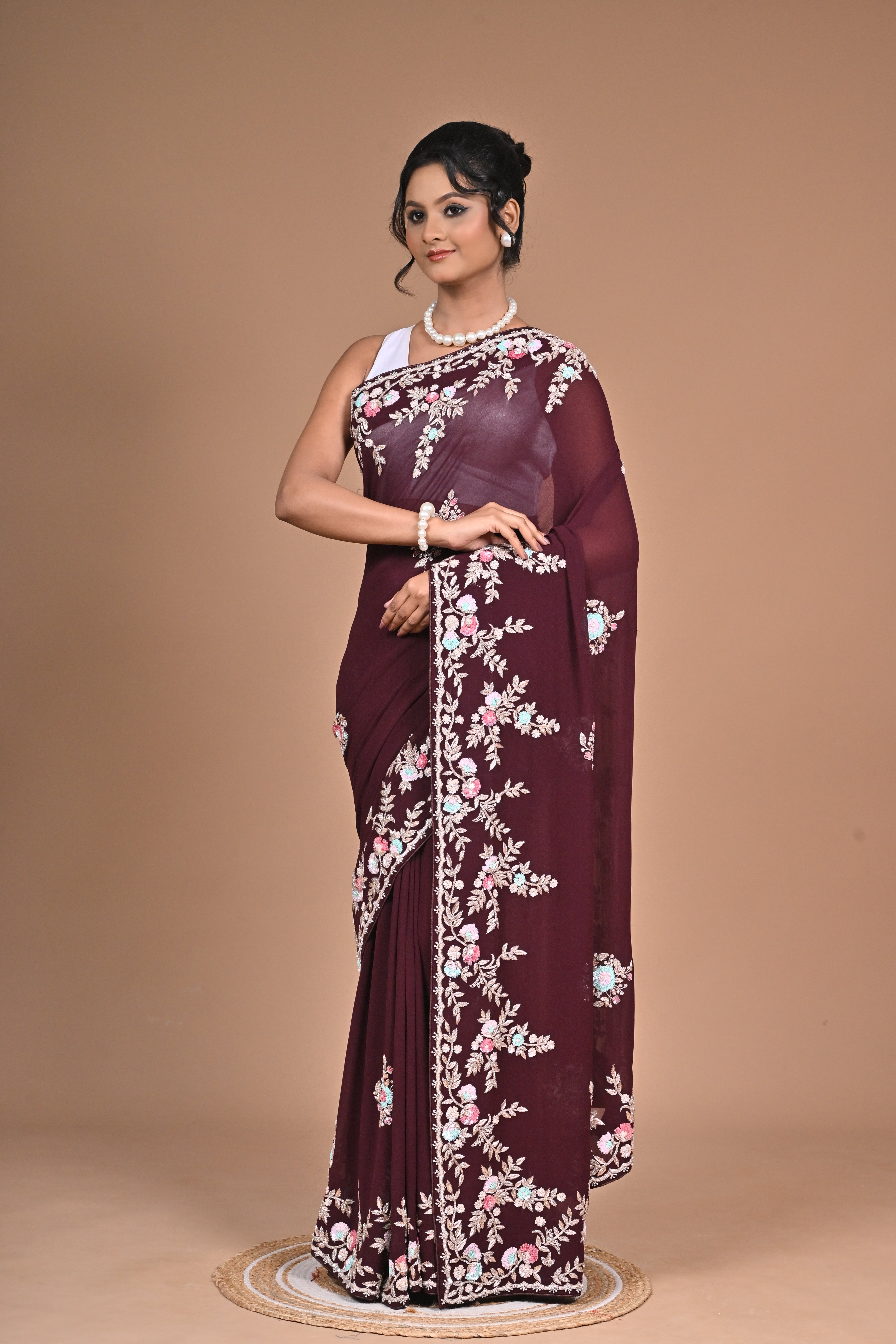 Royal Charm – Georgette Saree with Exquisite Hand Embroidery & Heavy Blouse