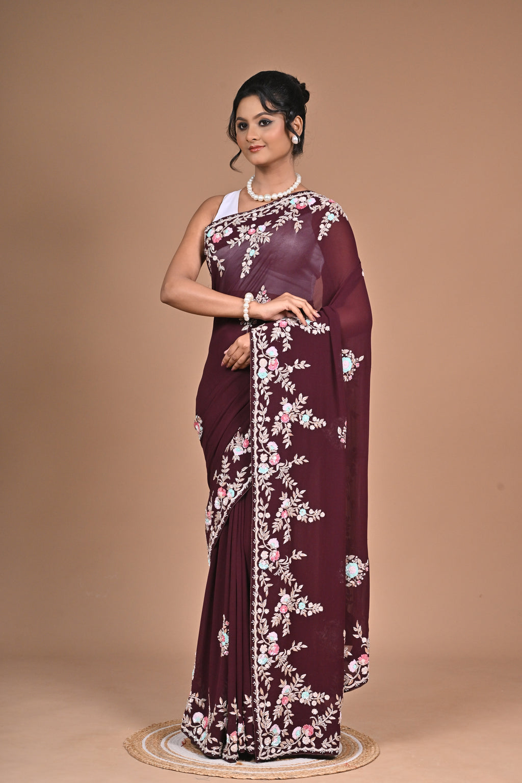 Royal Charm – Georgette Saree with Exquisite Hand Embroidery & Heavy Blouse