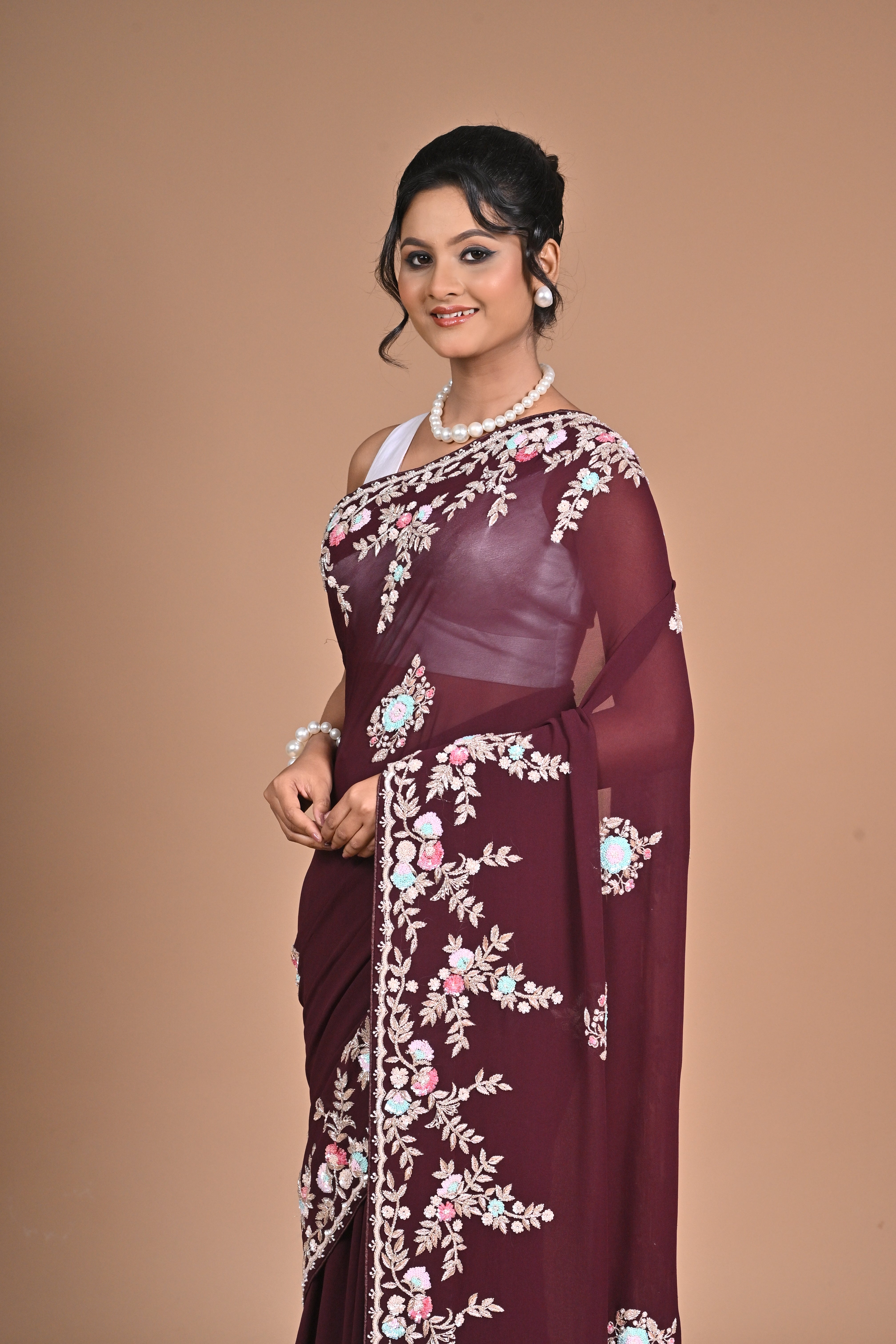 Royal Charm – Georgette Saree with Exquisite Hand Embroidery & Heavy Blouse