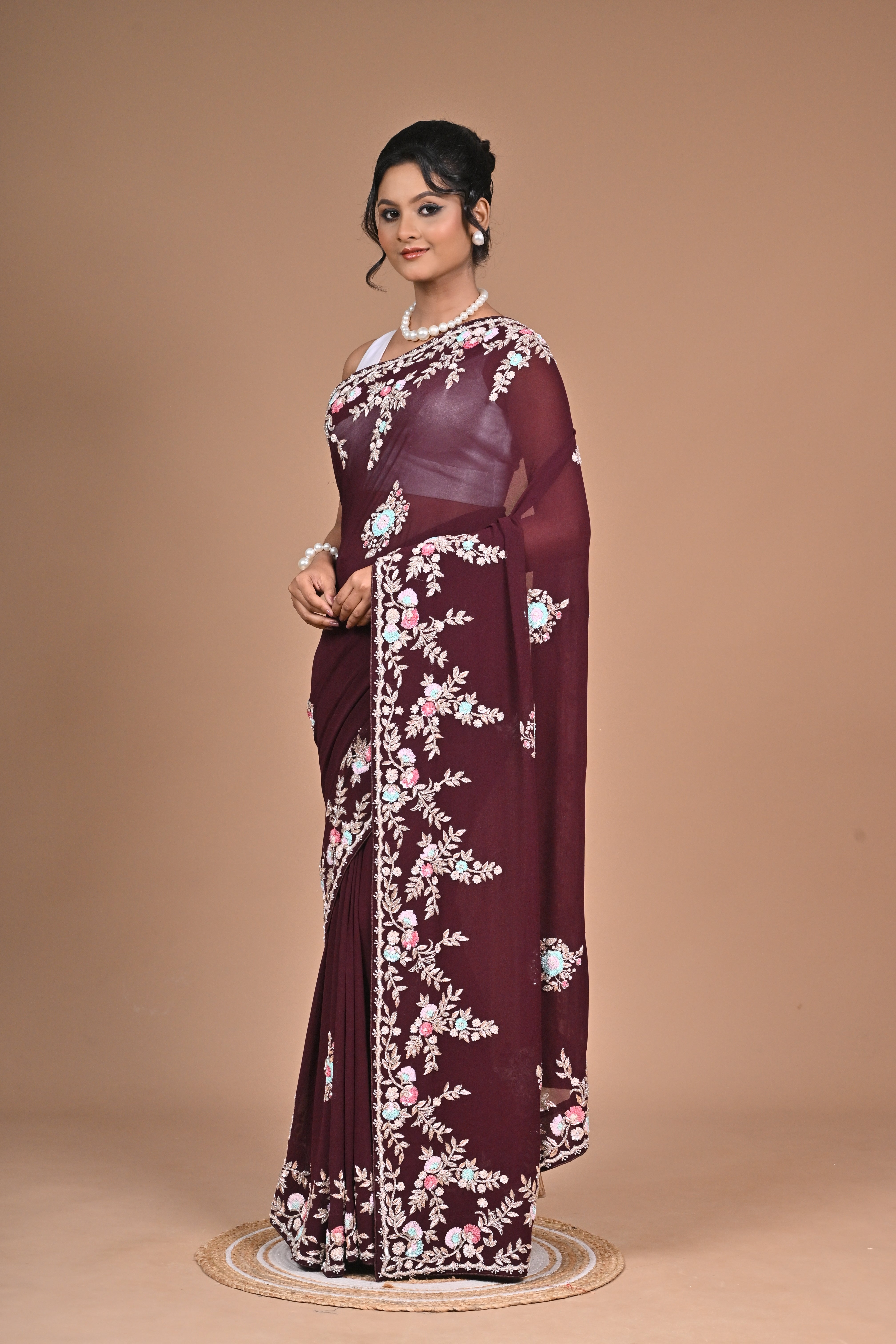 Royal Charm – Georgette Saree with Exquisite Hand Embroidery & Heavy Blouse