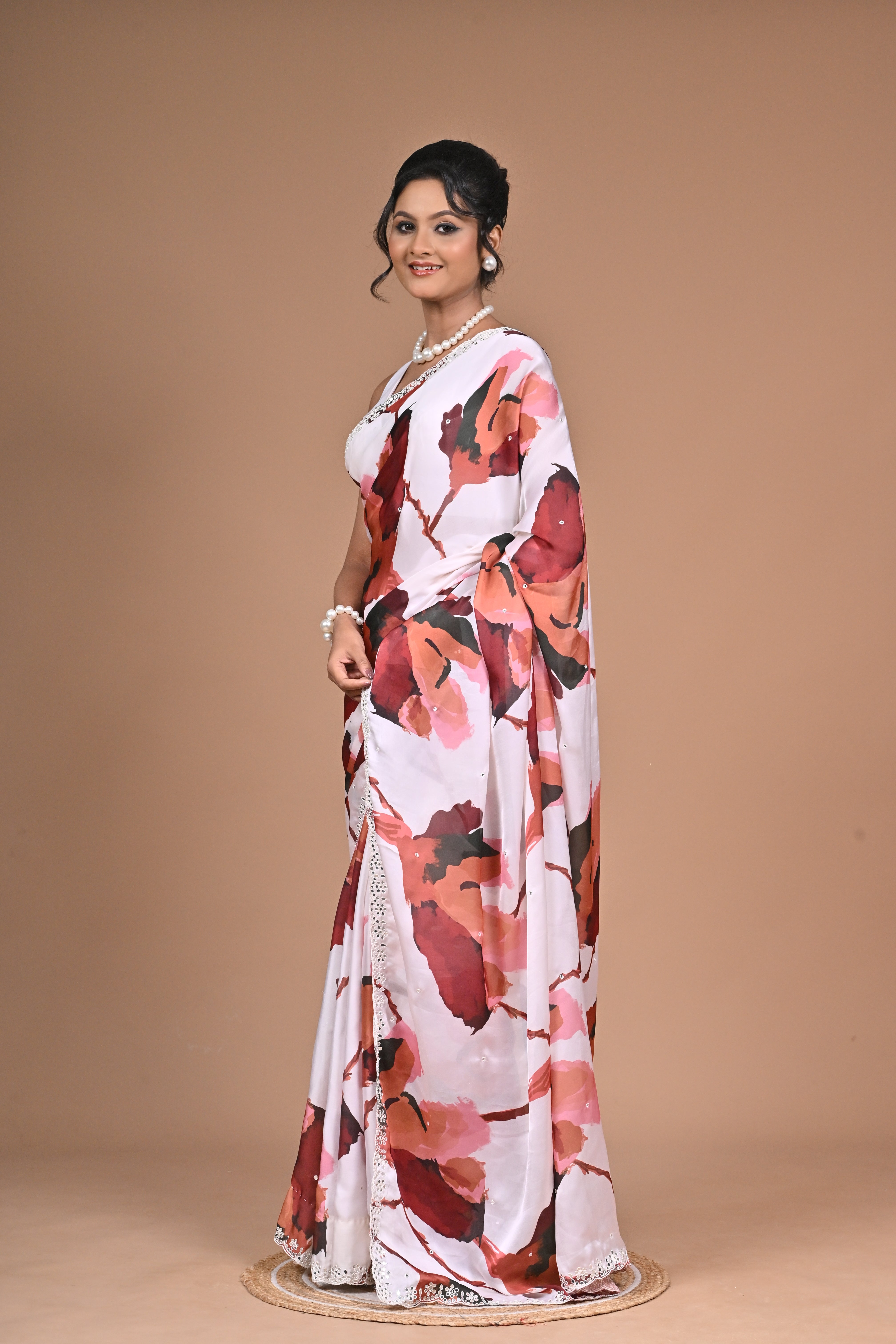 Blooming Radiance – Georgette Floral Print Saree with Mirror Work Border