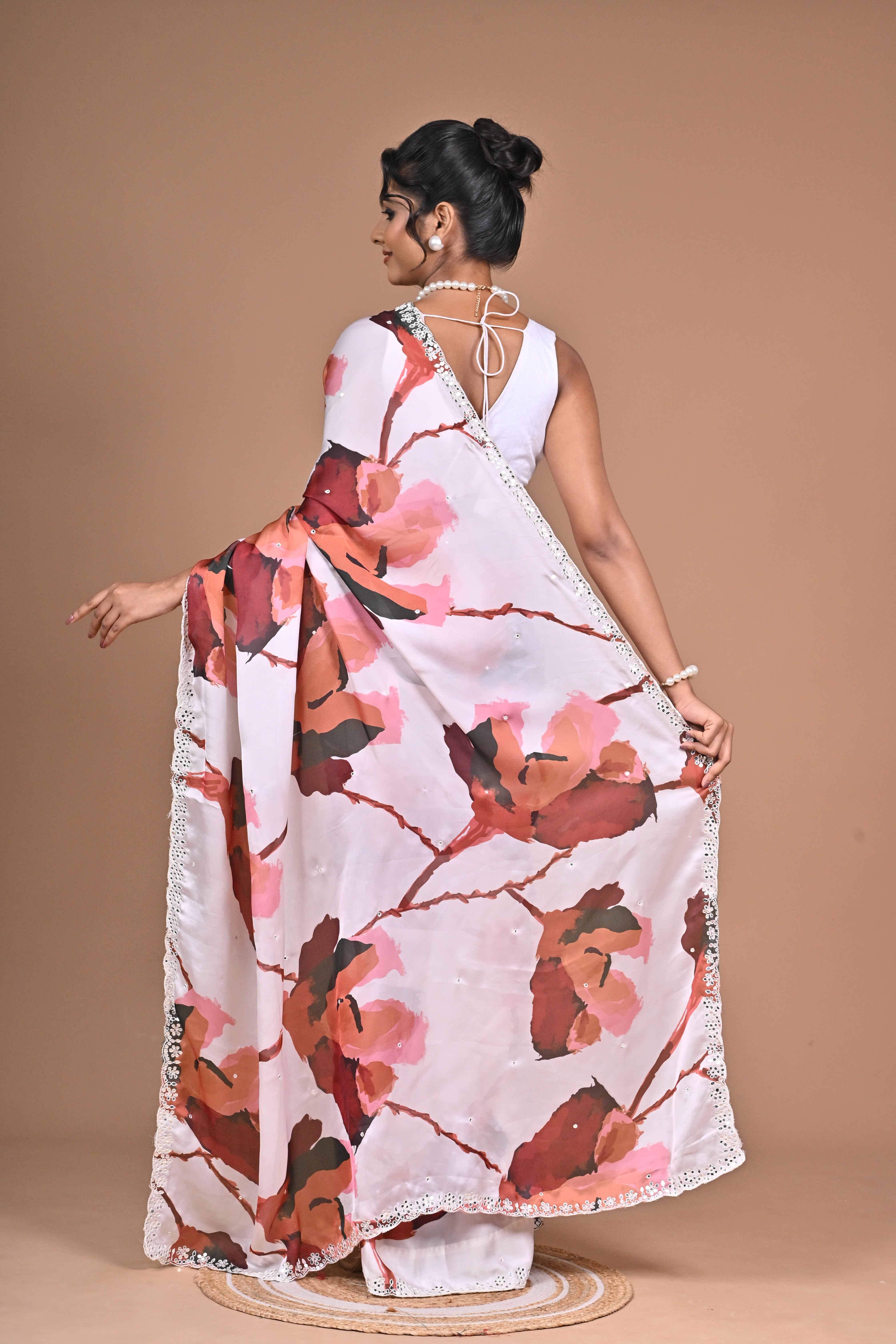 Blooming Radiance – Georgette Floral Print Saree with Mirror Work Border