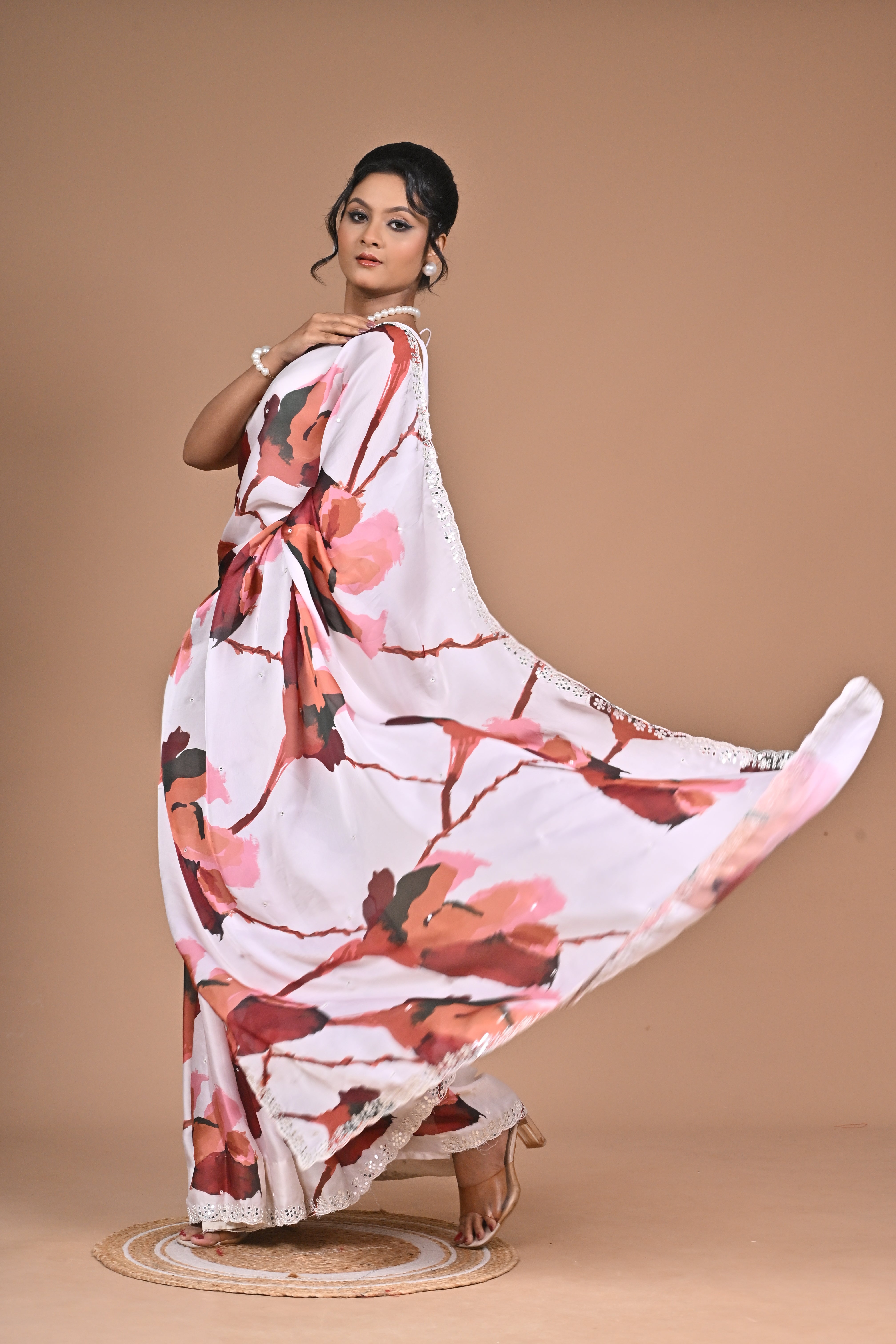 Blooming Radiance – Georgette Floral Print Saree with Mirror Work Border