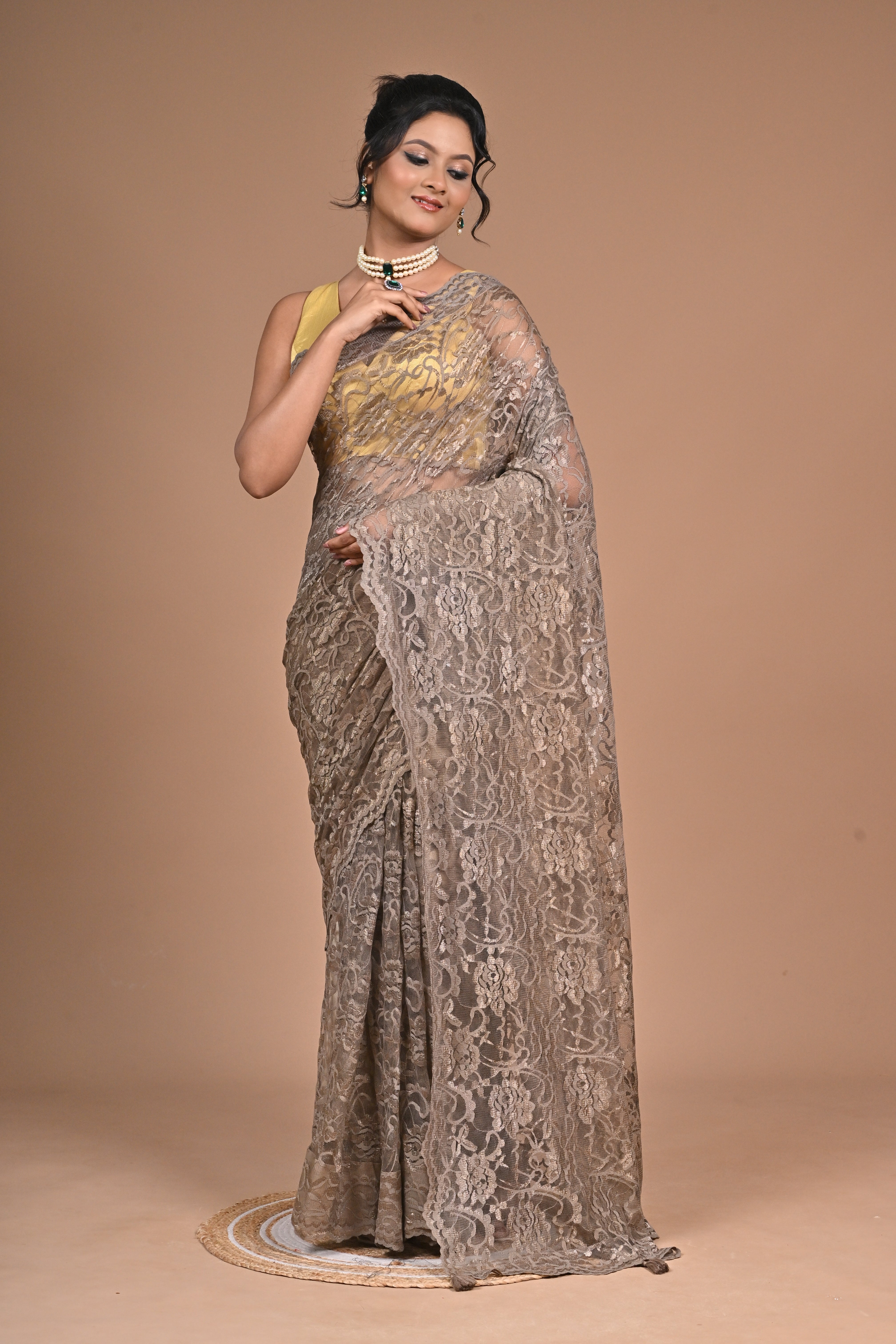 Whisper in Lace" – Taupe Chantily Lace Saree