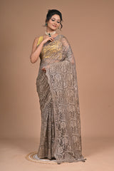 Whisper in Lace" – Taupe Chantily Lace Saree