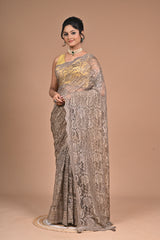 Whisper in Lace" – Taupe Chantily Lace Saree