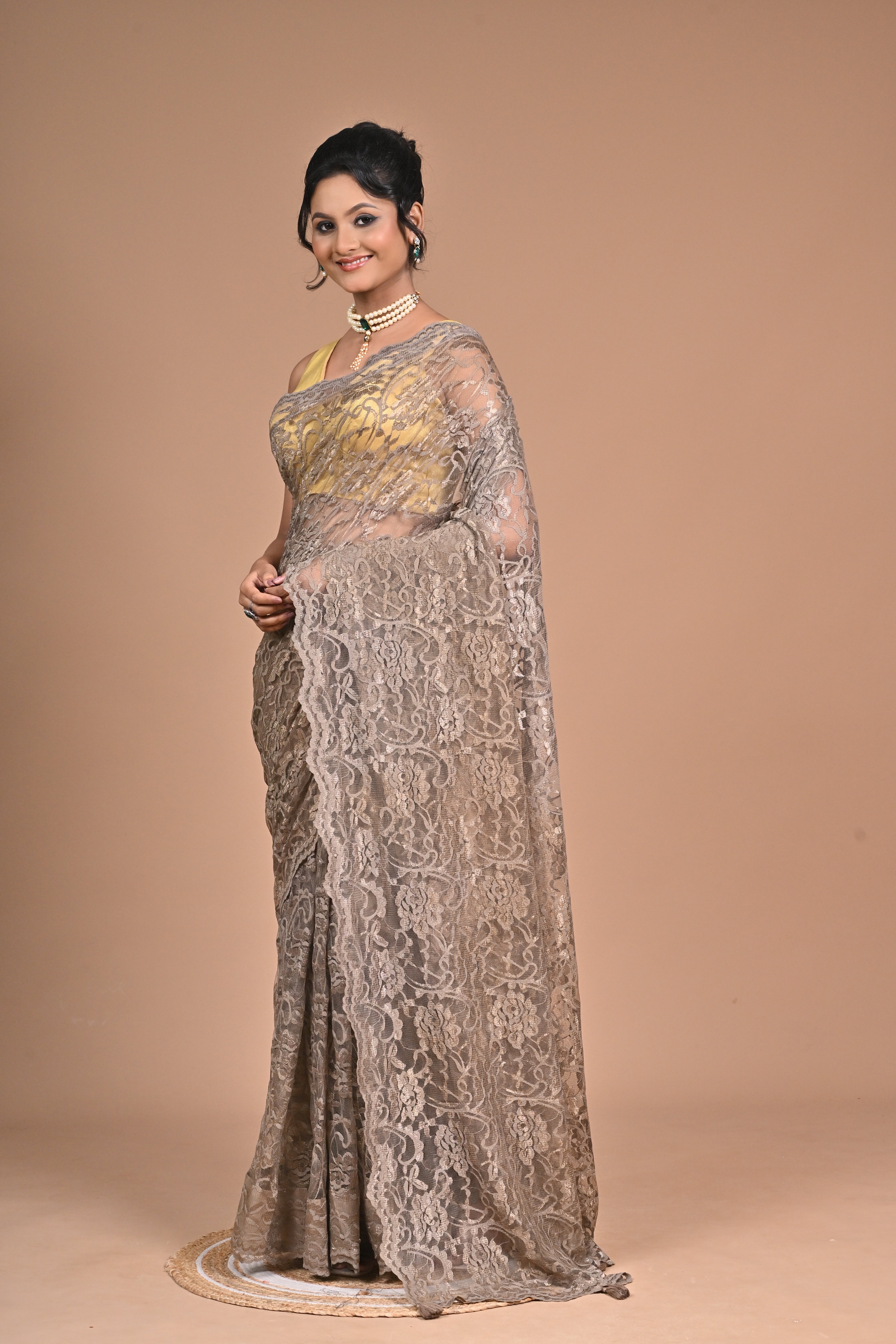 Whisper in Lace" – Taupe Chantily Lace Saree