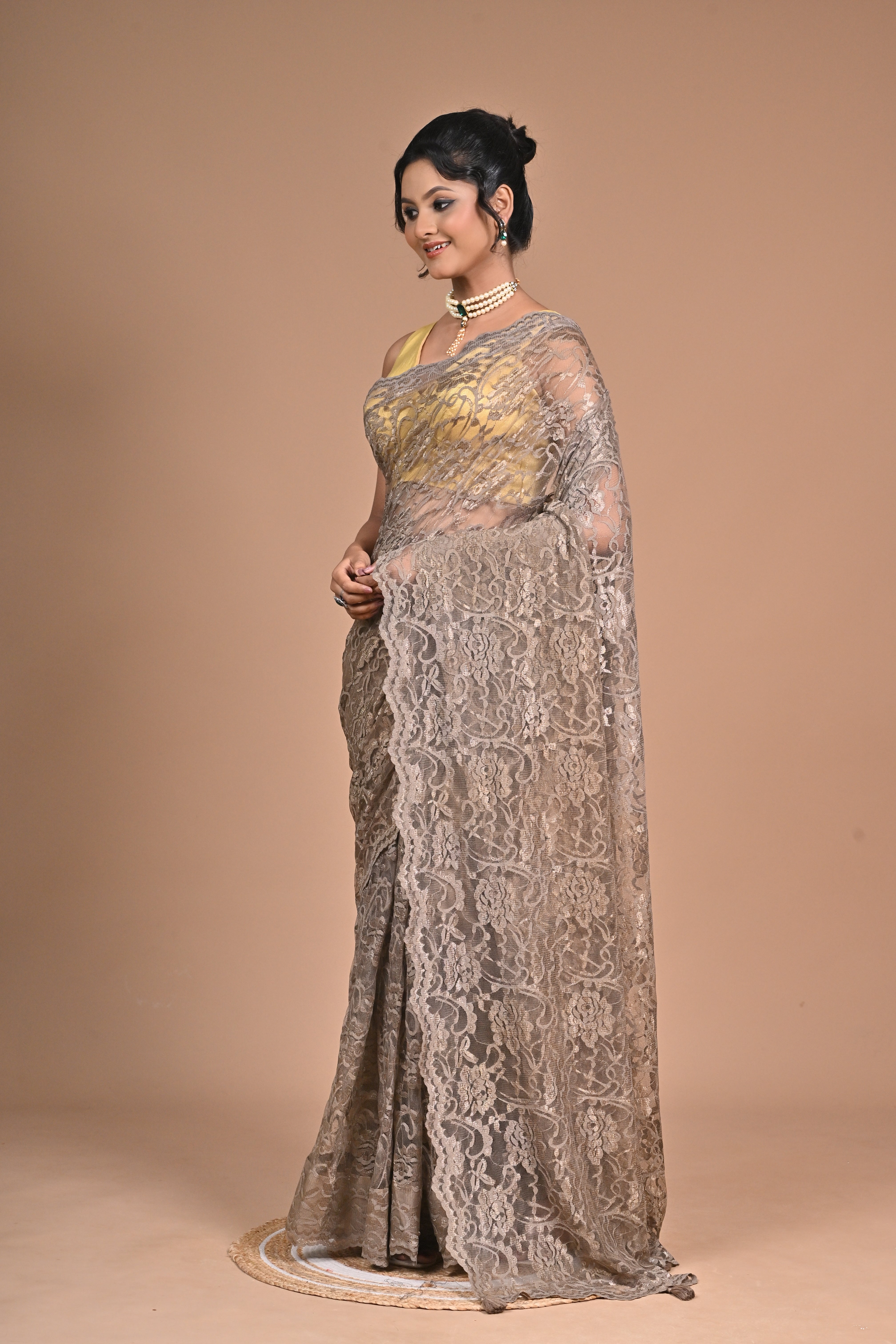 Whisper in Lace" – Taupe Chantily Lace Saree
