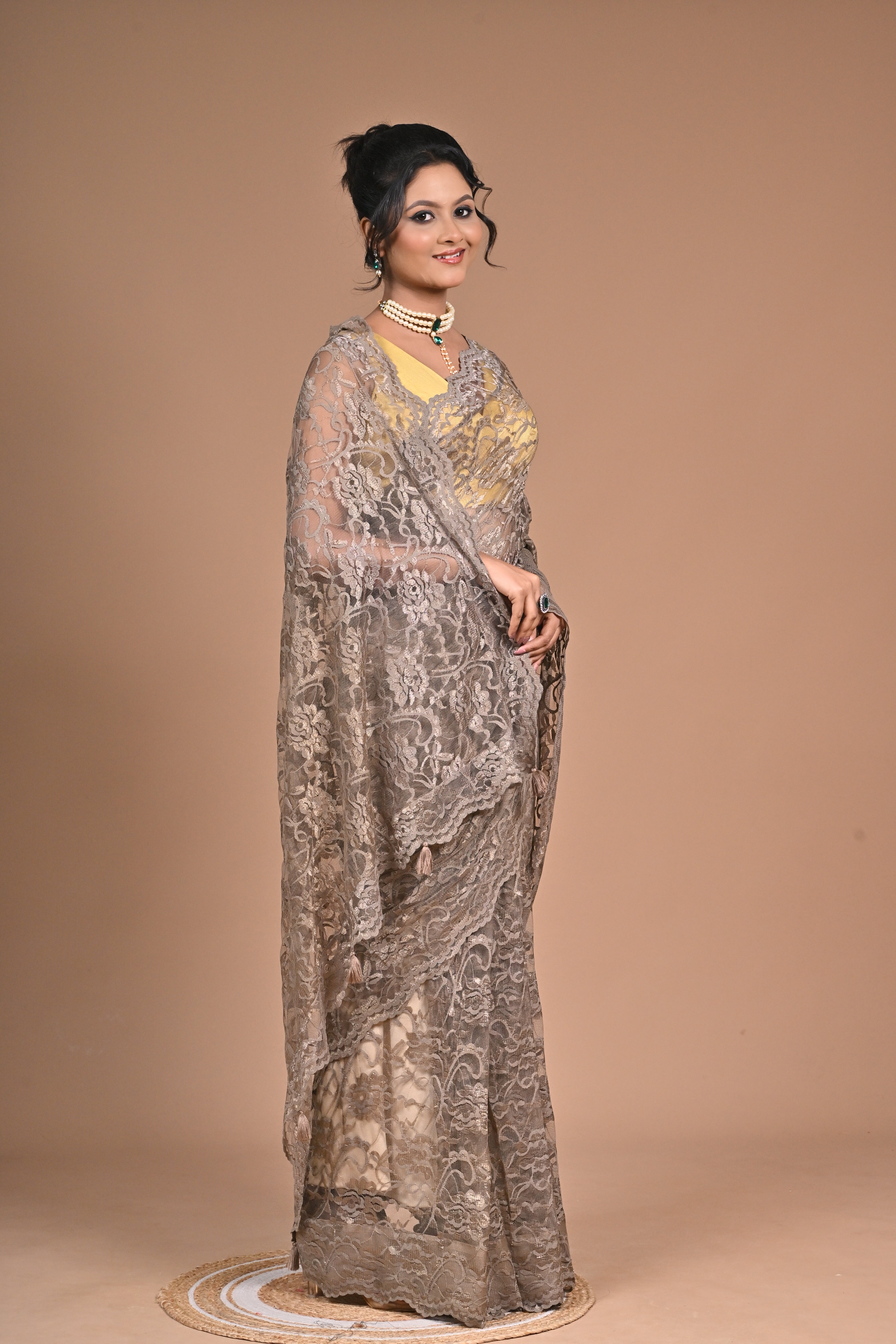 Whisper in Lace" – Taupe Chantily Lace Saree