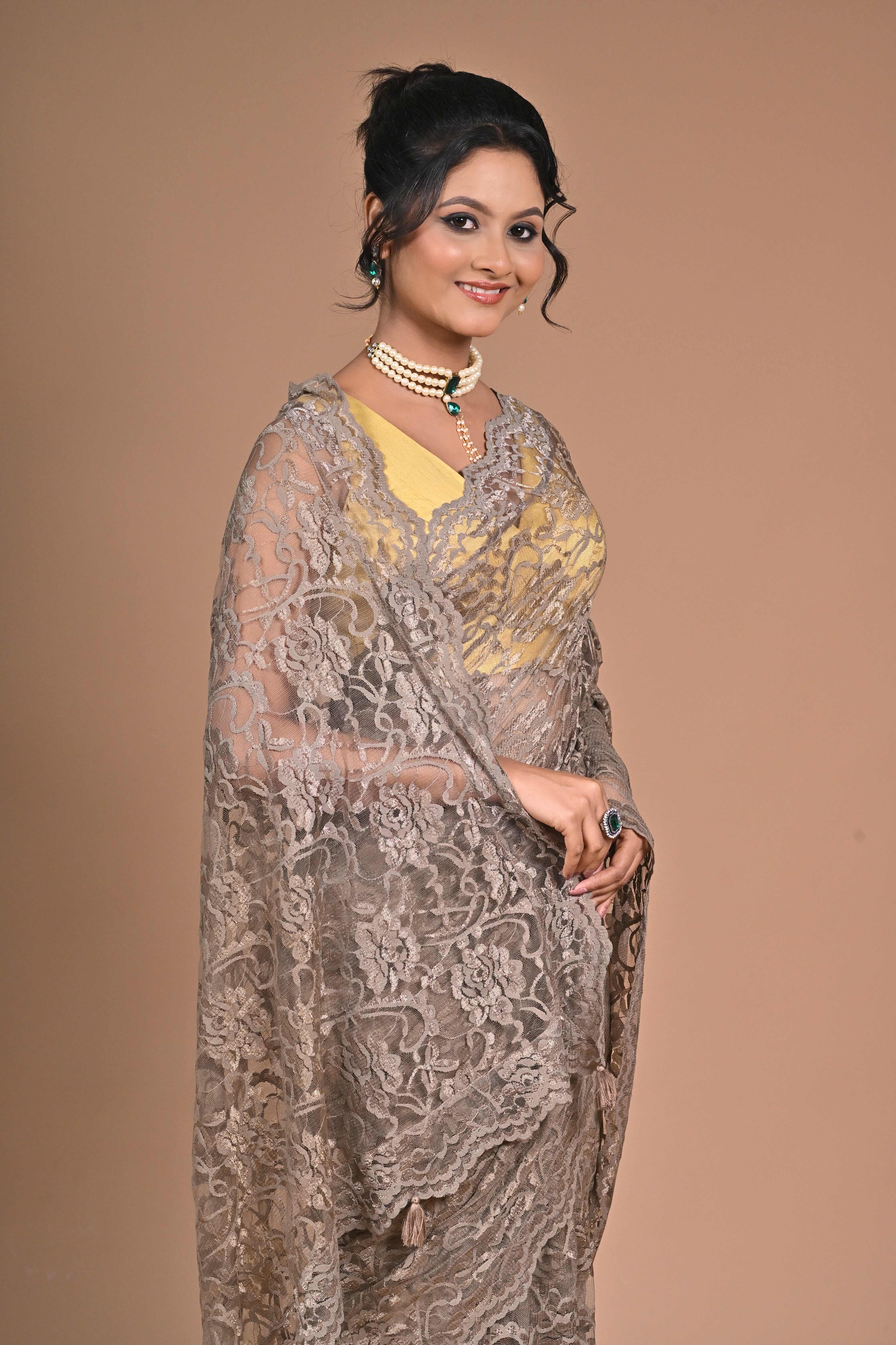 Whisper in Lace" – Taupe Chantily Lace Saree
